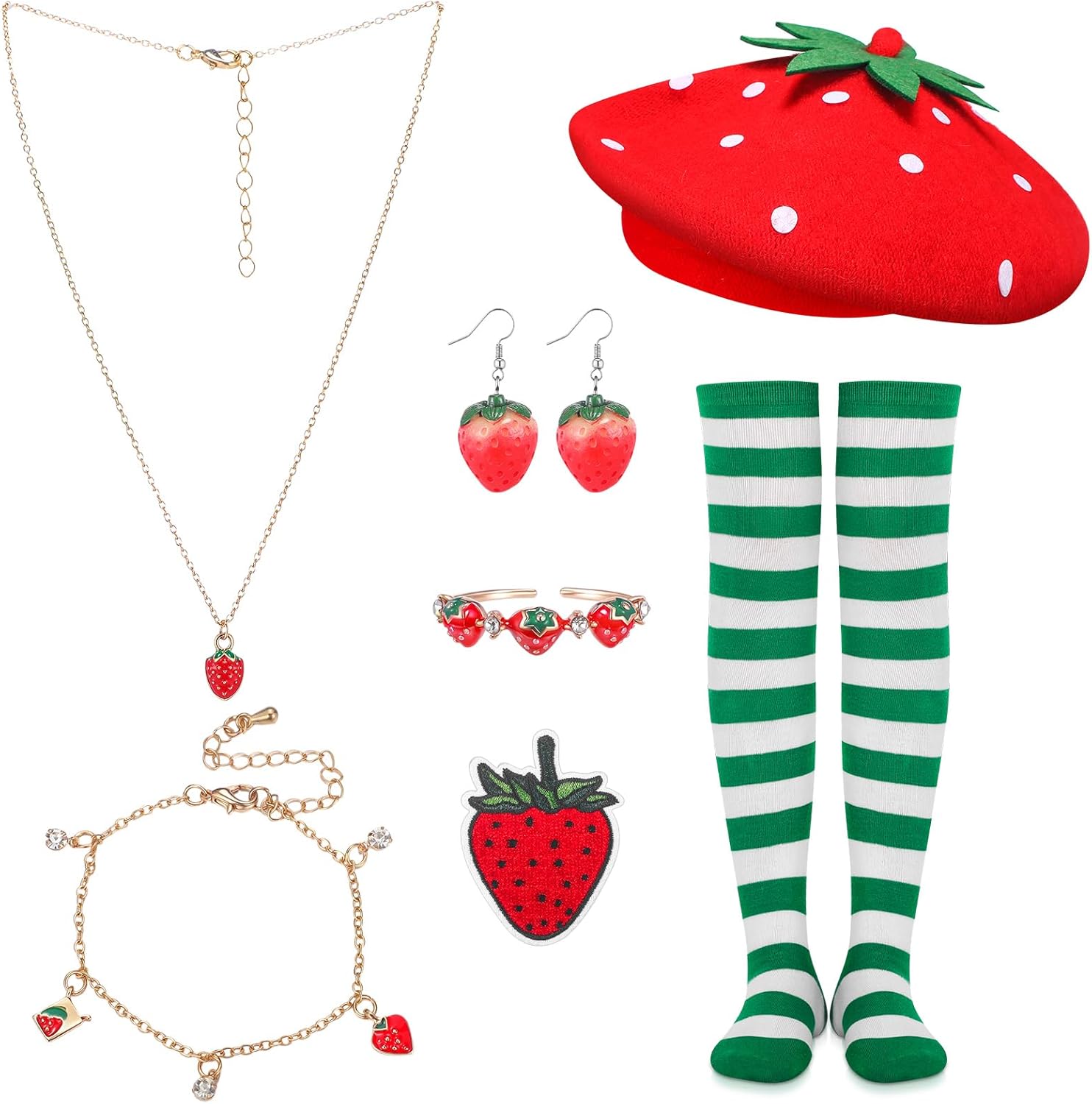 7 Pcs Halloween Strawberry Costume Accessories Jewelry Set Women Strawberry Beret Hat Socks Earrings Necklace Bracelet Ring