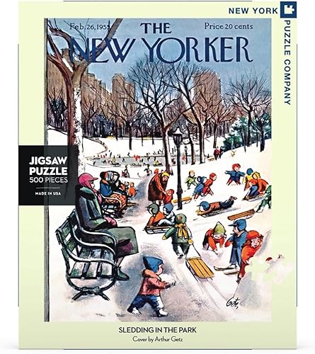 Miniatura 4 de New York Puzzle Company - New Yorker Sledding in The Park - Rompecabezas de 500 piezas para noches de juego familiares por Arthur Getz