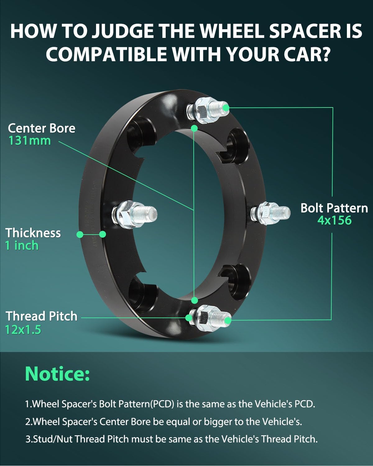 SCITOO 4Pcs Wheel Spacers 1 inch 4x156 Bore 131mm Studs 12x1.5 4Lug Wheel Spacers Fit for Polaris General 1000 General 1000 EPS General 1000 EPS Deluxe General 1000 EPS Hunter Edition