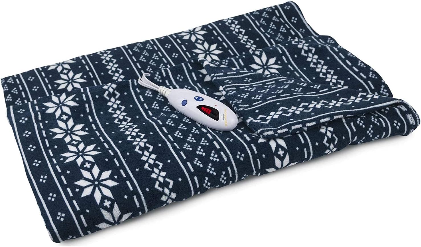 Biddeford Microplush Electric Heated Warming Throw Blanket Navy Blue Fair Isle Washable Auto Shut Off 6 Heat Settings