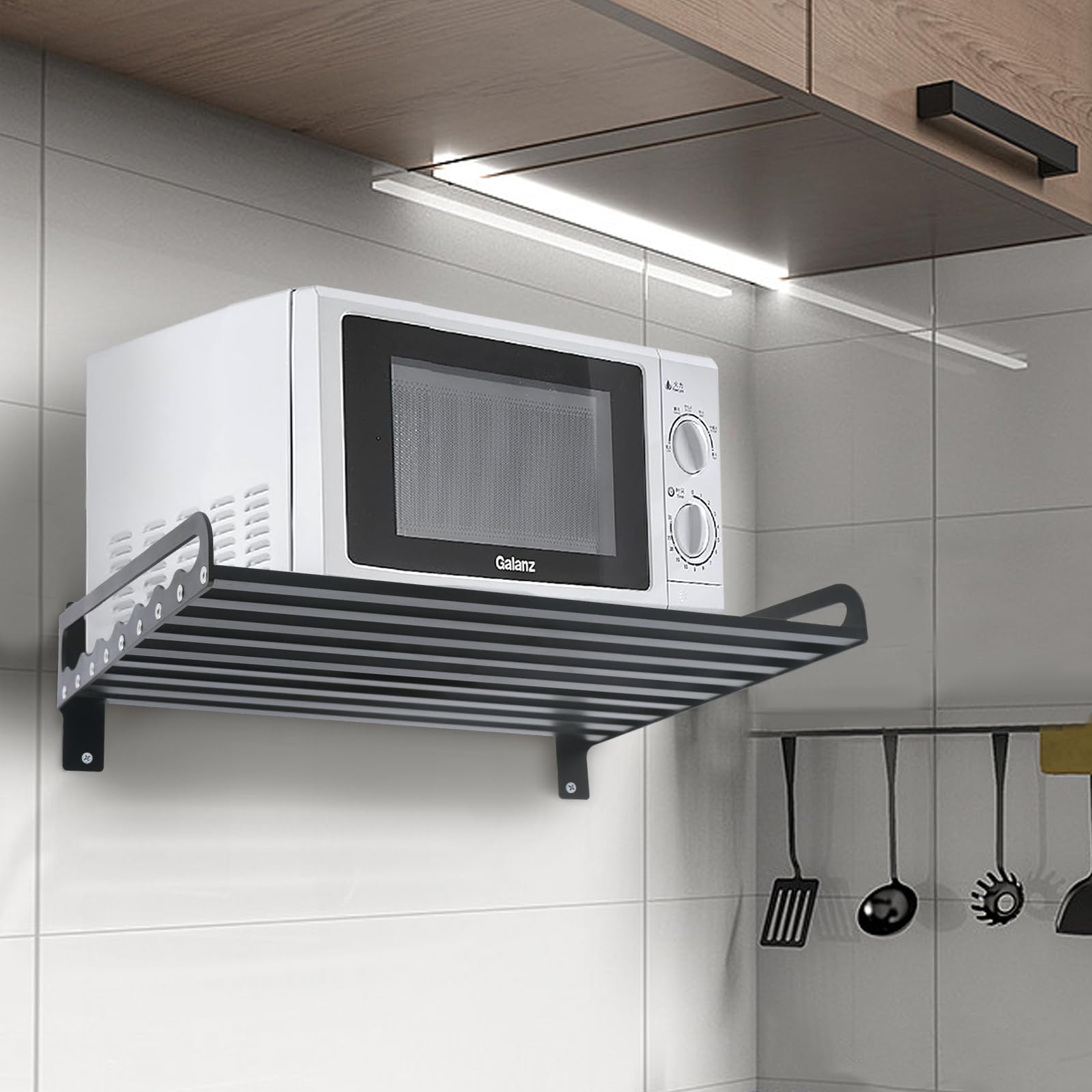 Soporte de aluminio negro para microondas, estante de pared, soporte para especias, soporte para microondas, soporte para microondas montado en la pared, estantes de cocina, estante