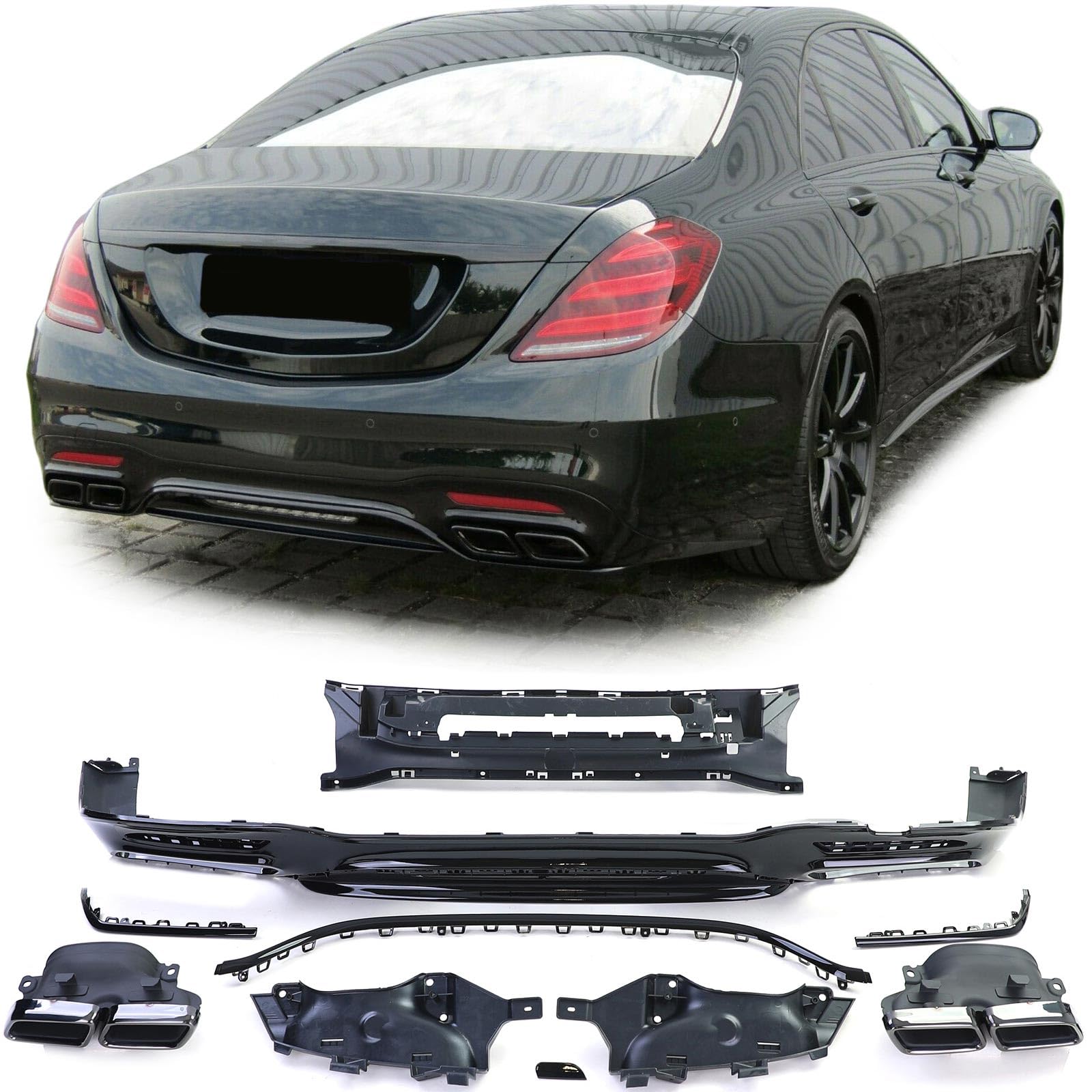 Sport Heckdiffusor mit Doppel Endrohre Schwarz für Mercedes S Klasse W222 17-20