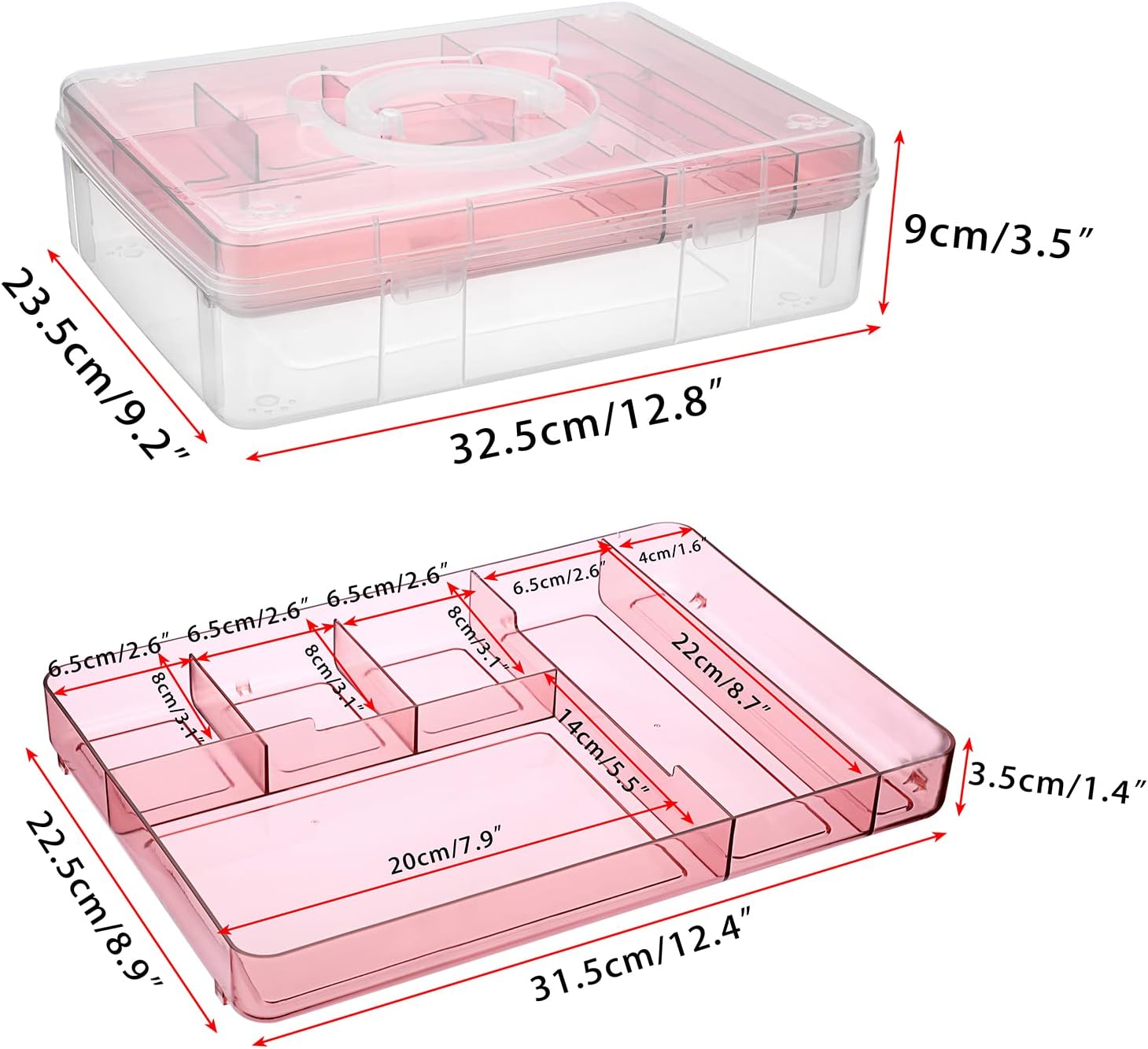 BTSKY 2-Tier Cute Bear Storage Box with Removable Divided Tray Portable Clear Plastic Art Craft Supply Organizer Stackable Home Office Supplies Storage Container for Pens Notes A4 papers etc (Pink)