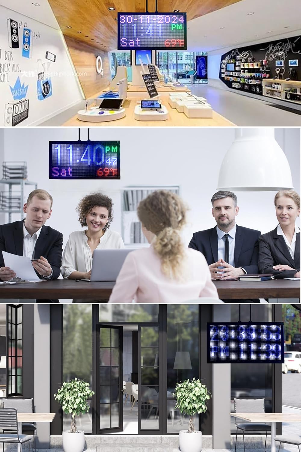 20x11 Inch Double-Sided Digital Wall Clock with Date, Week, Temperature & Alarm, Color Display – Outdoor Digital Clock Waterproof , Remote Control, Auto Dimming – for Gym, Garage, Waiting Room, Mall, Man Cave