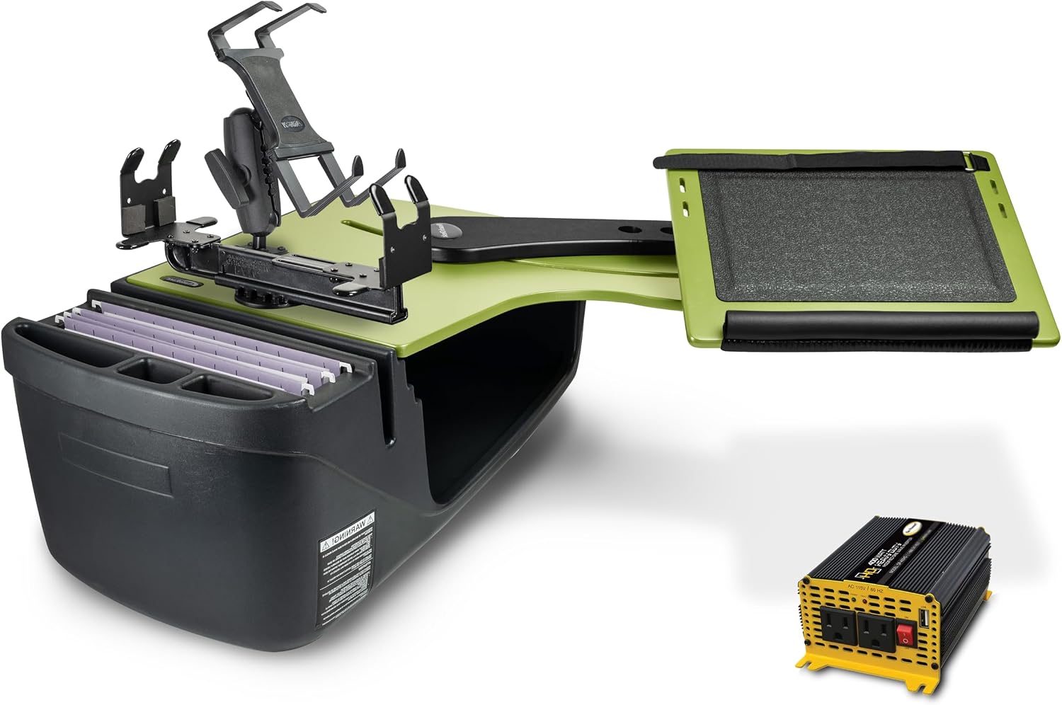 AutoExec Reach Desk Back Seat Left Car Desk for Your Vehicle Workstation and Mobile Office, Lime Light, with 400 watt Power Inverter, Printer Stand and Tablet Mount
