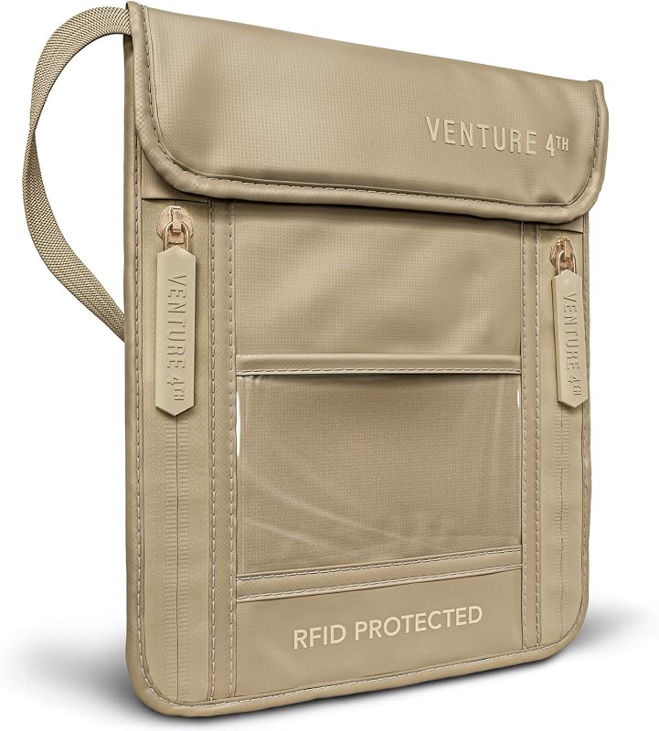 Cartera de viaje para el cuello, porta pasaporte con bloqueo RFID - Beige elegante