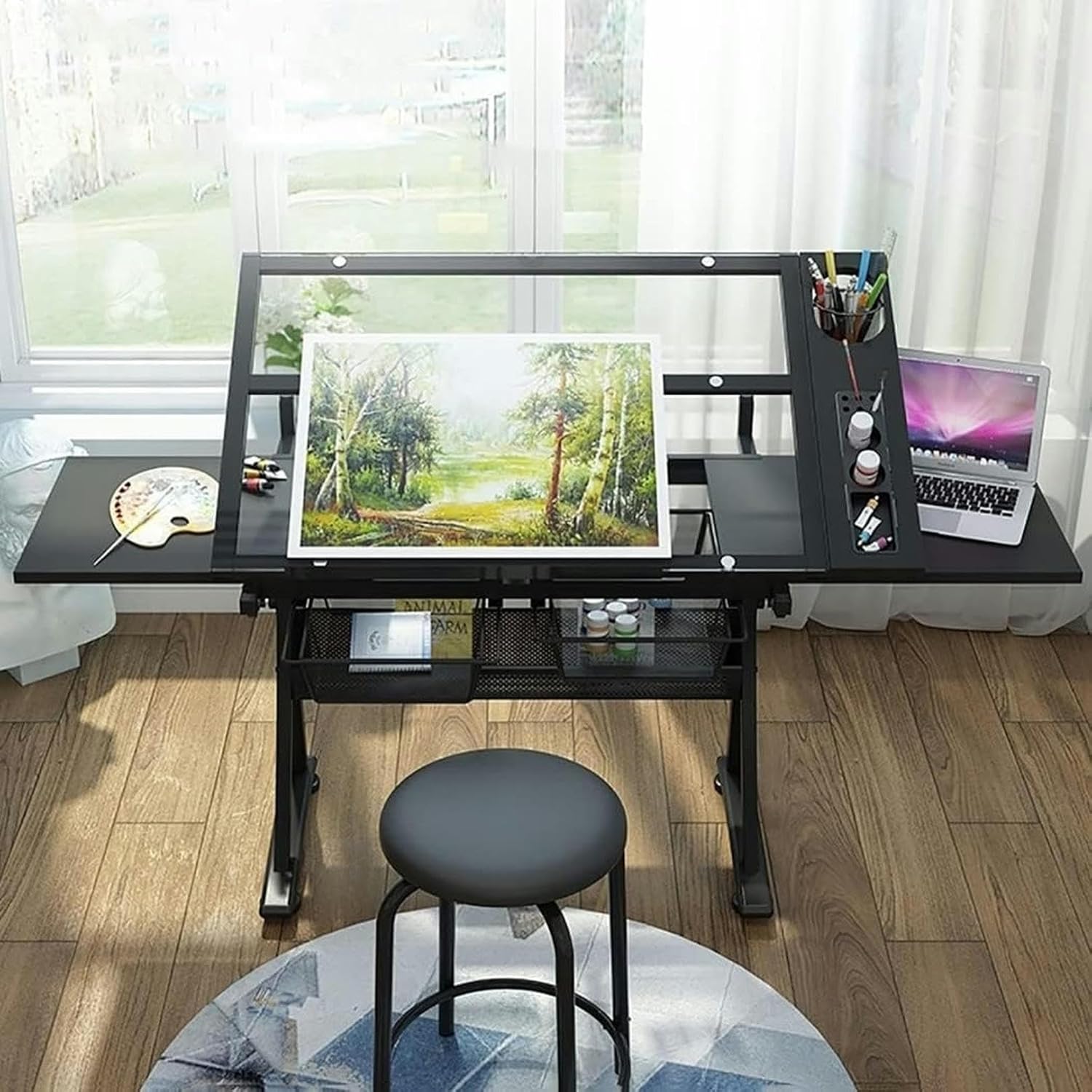CNAOHGHN Drafting Desk, Adjustable Drafting Table, Tempered Glass Drafting Table Art