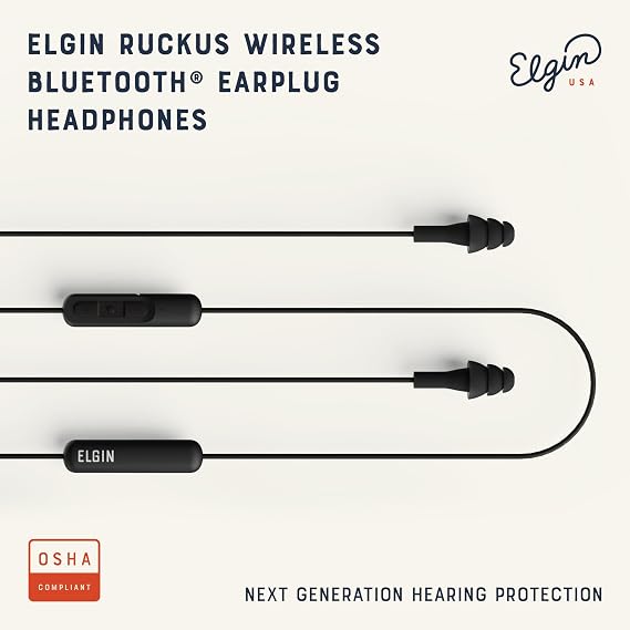 Elgin Ruckus Wireless Bluetooth Earplug Headphones, Ear Plug Earbuds | 25 dB, Noise Cancelling Mic, 12 Hour Battery, IP65 Sweatproof, OSHA Compliant Hearing Protection, Work Safety