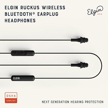 Elgin Ruckus Wireless Bluetooth Earplug Headphones, Ear Plug Earbuds | 25 dB, Noise Cancelling Mic, 12 Hour Battery, IP65 Sweatproof, OSHA Compliant Hearing Protection, Work Safety
