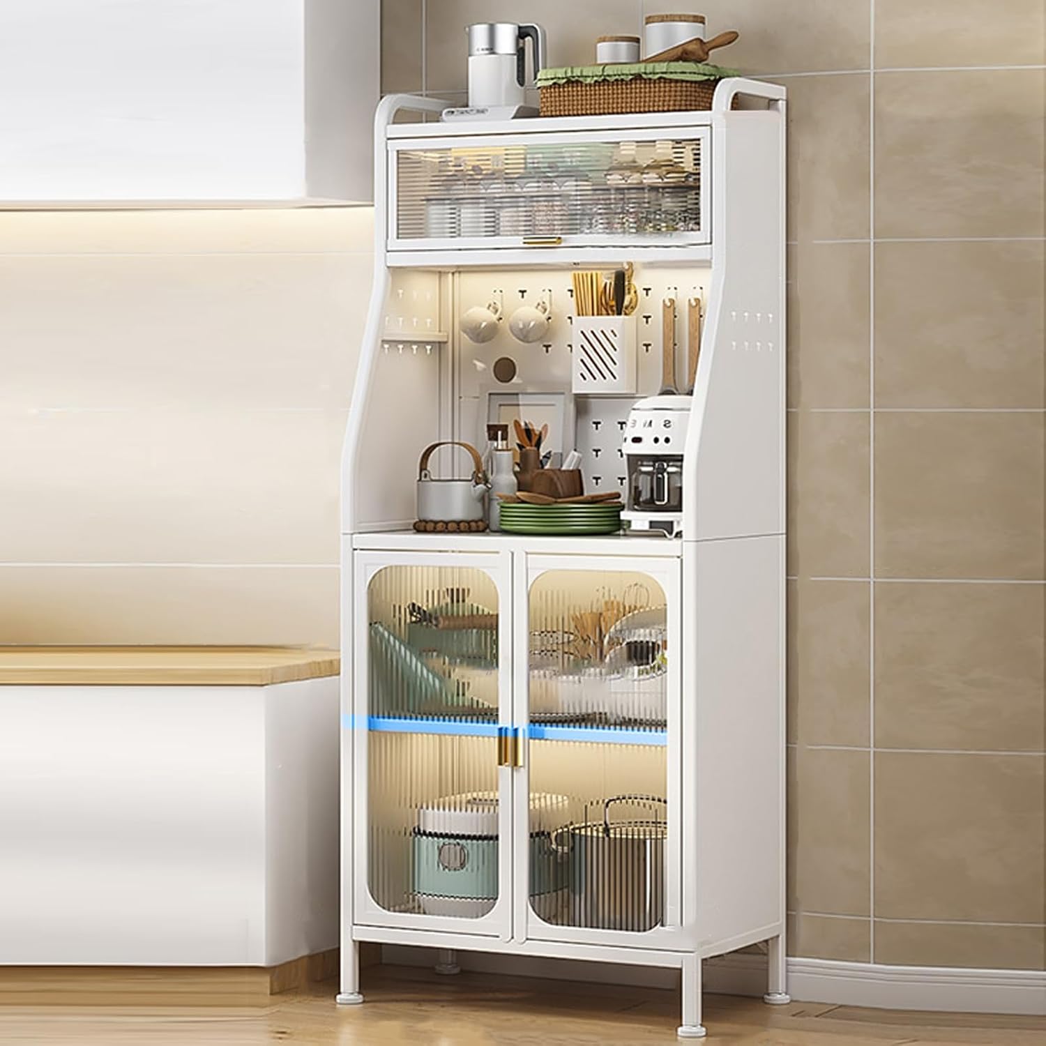 5 Tier Microwave Oven Stand with Storage Cabinet, Large Standing Metal Shelves with Transparent Visible Cabinet Door, for Dishes, Wine, Pots and Pans in Kitchen