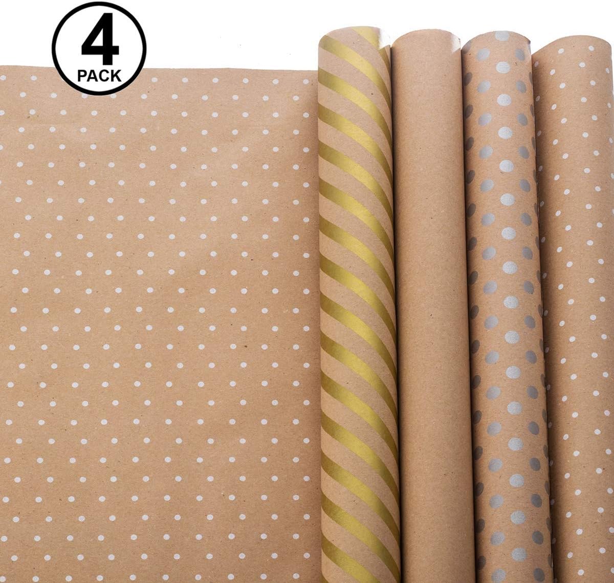Wrapping Paper - Gift Wrapping Paper - Kraft Wrapping Paper with Polka Dots and Patterns – Gold Gift Wrap - Premium Gift Wrap - 4 Rolls - 2.5 ft x 10 ft per Roll, Includes 7 Bows, 2 Rolls of Ribbon
