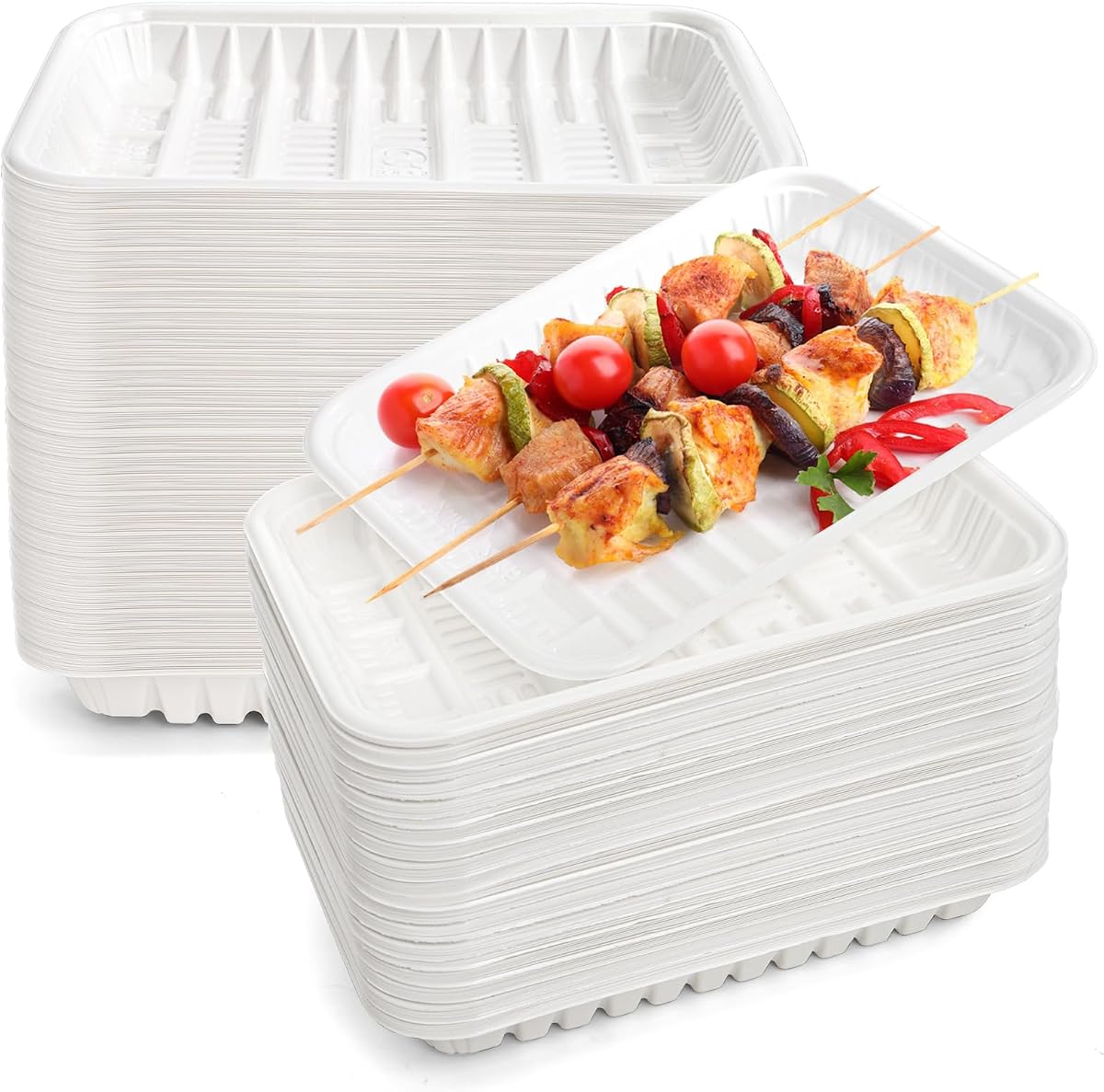 WRINGKIT 300 Pack White Plastic Meat Tray, 8 Inch, Heavy-Duty | Rectangular Disposable Plates, Mineral Filled PP Supermarket Meat Trays, Plastic Dinner Dessert Plates for Party, Restaurant
