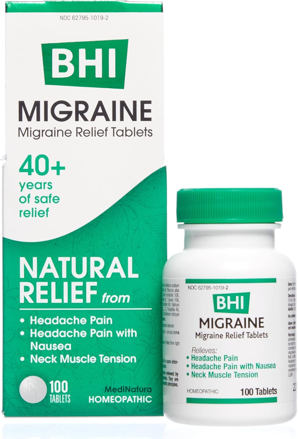 BHI Migraine Natural Headache & Migraine Relief 17 Powerful Multi-Symptom Homeopathic Active Ingredients - Non-Drowsy Remedy Helps Relieve Pain, Tension & Throbbing in Head, Eyes & Neck - 100 Tablets : Health & Household