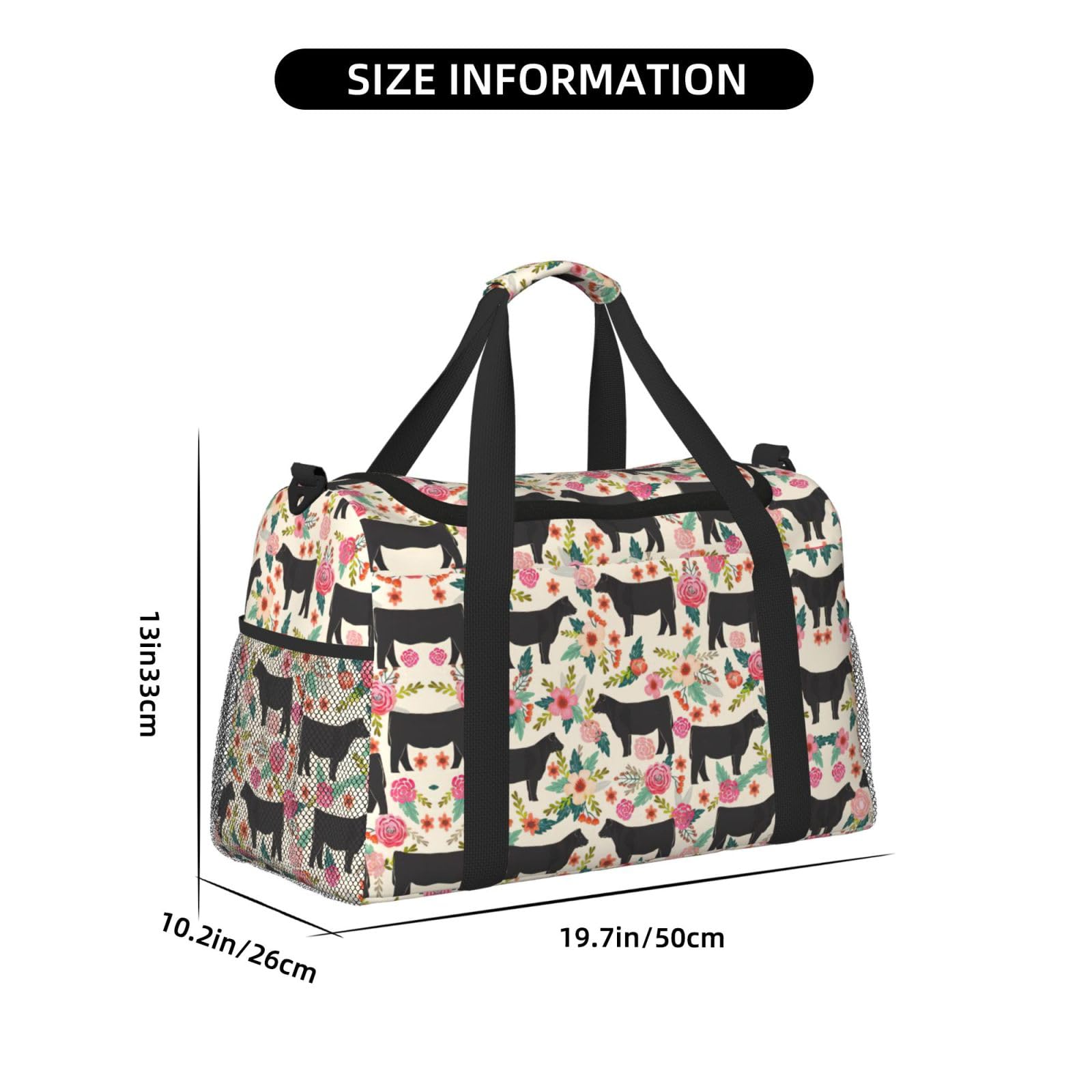 Pink Flower Show Steer Cows Bydło Podróżna torba sportowa Torba weekendowa Weekender Overnight Carry On Hand Bag Trening Sport Szpital