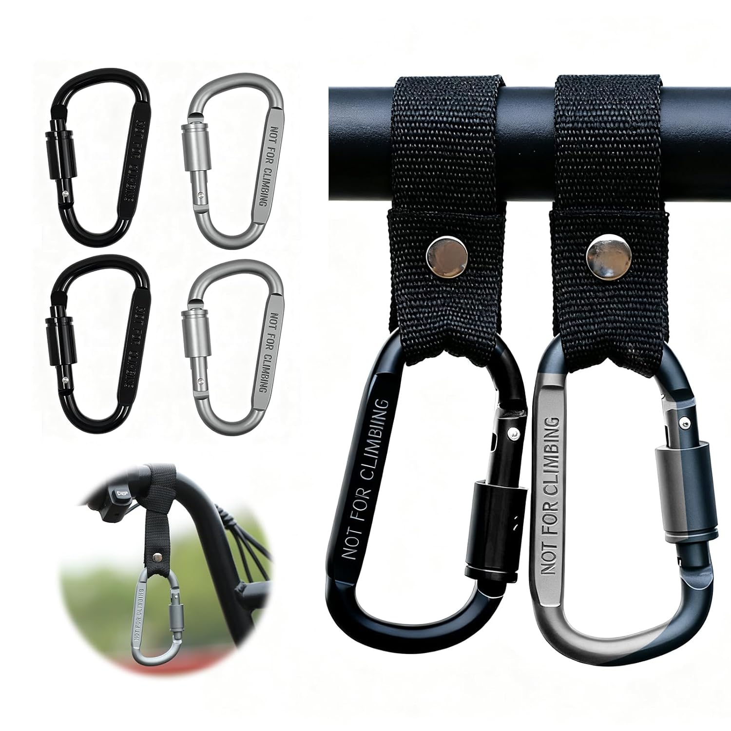4 Pack Stroller Hooks, Carabiner Clips with Nylon Straps for Bicycle, Motorcycle, Wheelchair, Luggage, Scooter, Can be Used to Hang Diaper Bags, Helmets, Shopping Bags 4 Pack Stroller Hooks, Carabiner Clips with Nylon Straps for Bicycle, Motorcycle, Wheelchair, Luggage, Scooter, Can be Used to Hang Diaper Bags, Helmets, Shopping Bags