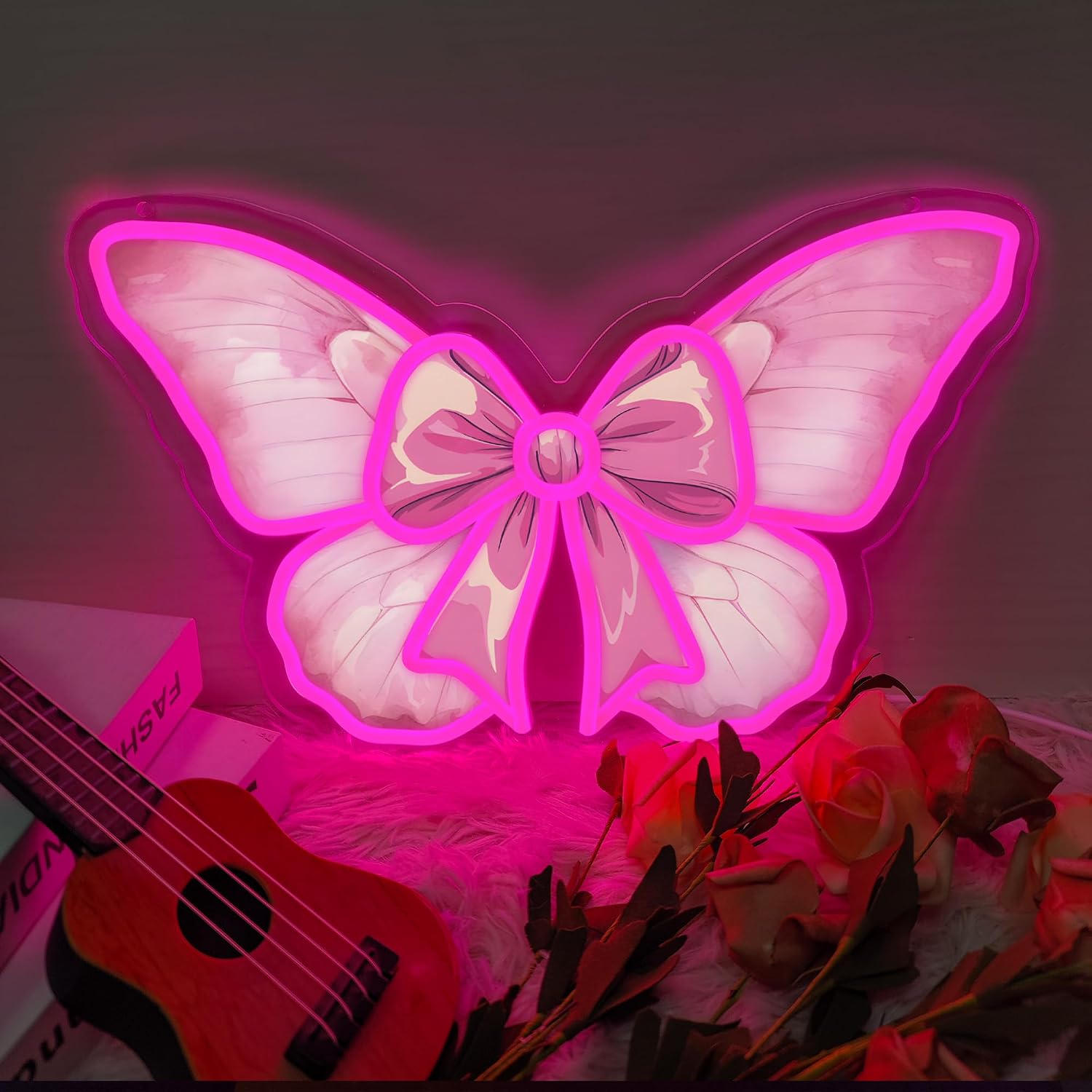 Pink Butterfly Bow Neon Sign, Pink Dimmable LED Light Up Bow Coquette Aesthetic Neon Sign for Girls Bedroom Preppy Dorm Beauty Room Party Wall Decor Birthday Christmas Gift for Daughter Teen Girls Her