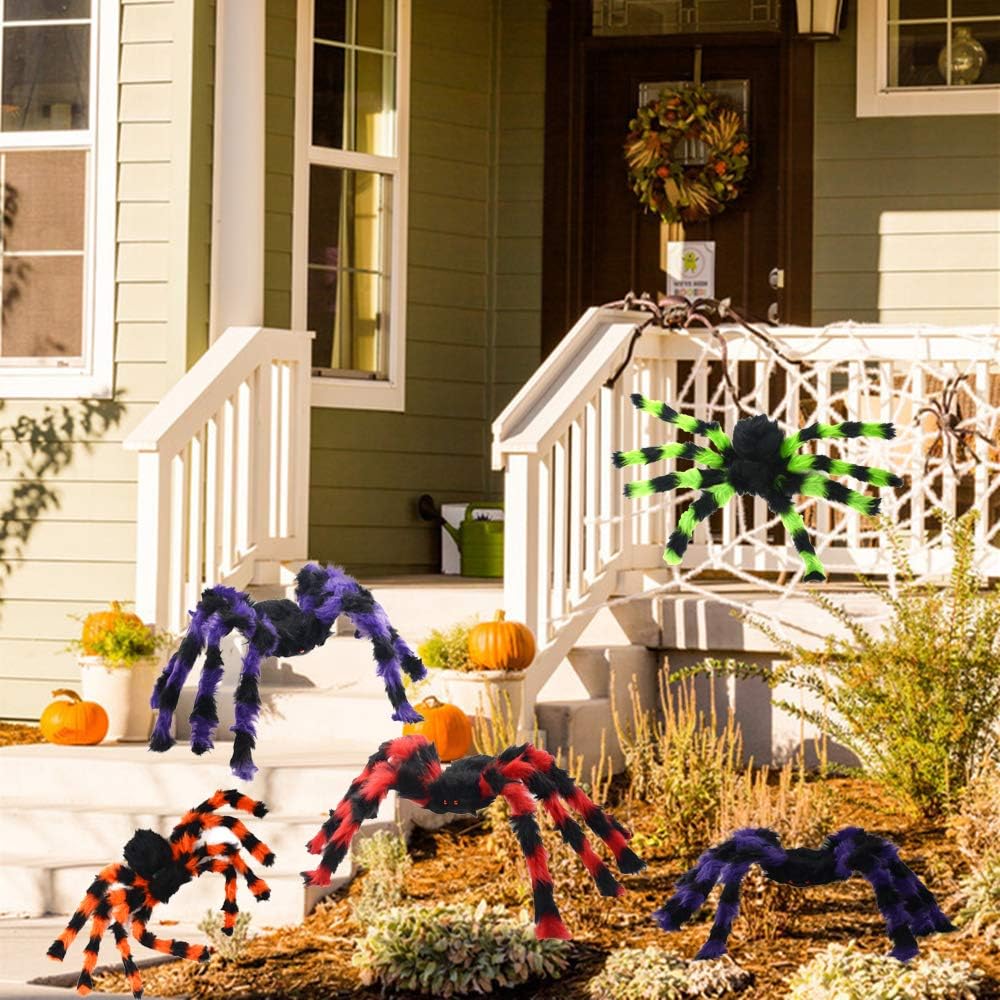 5pcs Halloween Spider Giant Spider with Red Eyes Colorful Hairy Scary Halloween Spider Decorations for Indoor,Outdoor(1pcs 30",2pcs 20",2pcs 12")