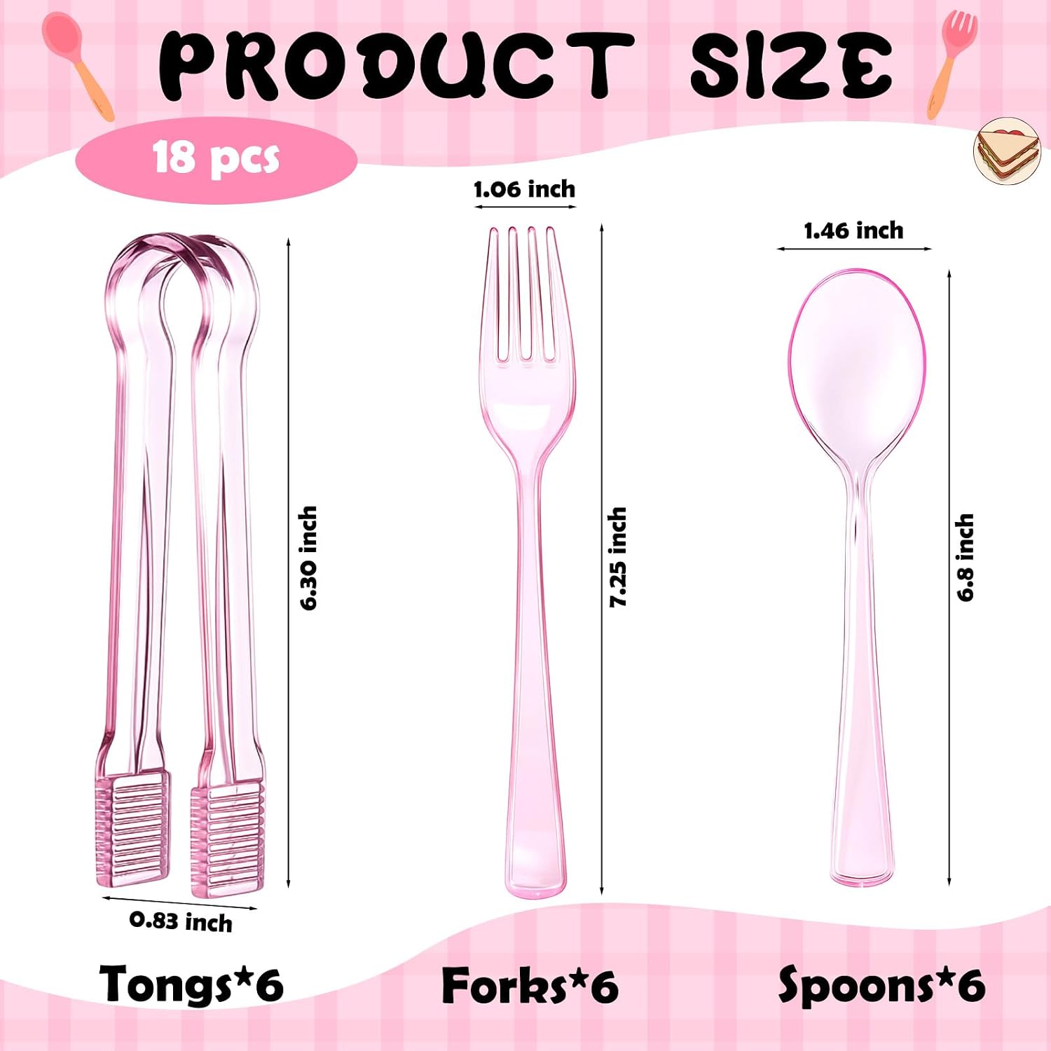 Potchen 18 Pcs Pink Plastic Silverware Set Disposable Clear Mini Serving Utensils 6 Serving Tongs 6 Spoons 6 Forks for Birthday Wedding Baby Shower Bridal Kitchen Food Ice Salad Buffet Party