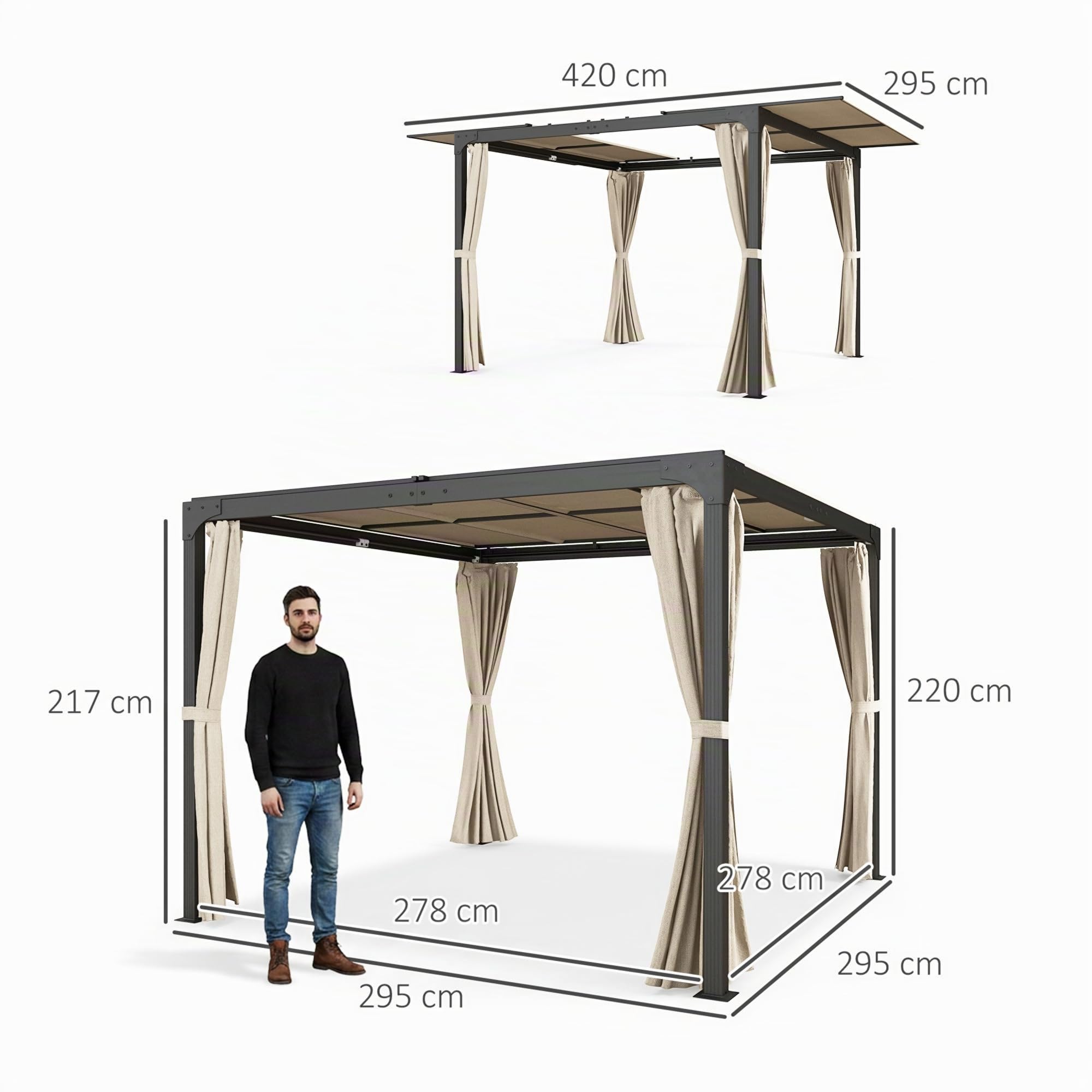 Outsunny Pérgola de Aluminio 4,2x3 m con Techo Corredizo Beige y Negro | Cenador de Jardín, Gazebo, 4 Paredes Laterales, Orificios de Drenaje, Pabellón para Patio Terraza