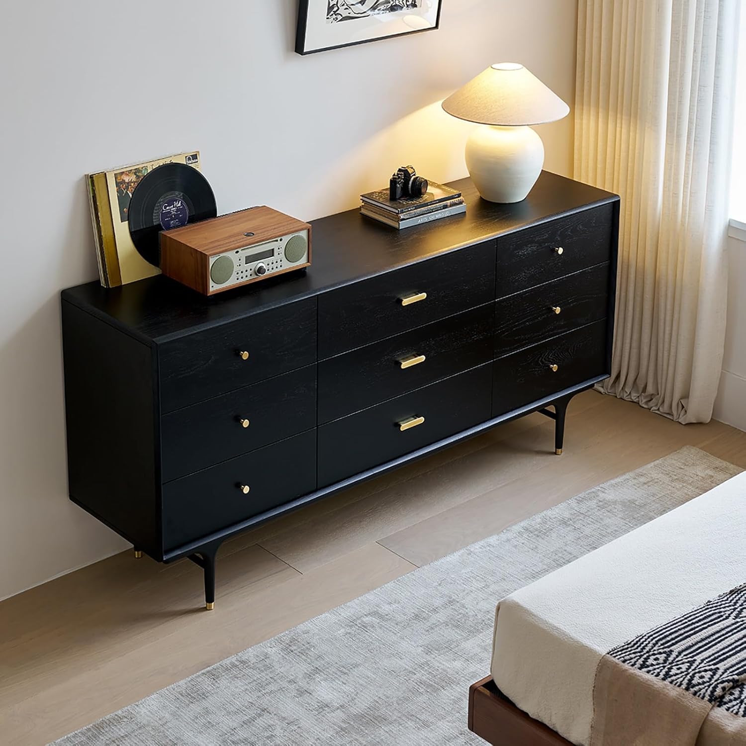 Sideboard Cabinet 180x45x86cm Retro Black Solid Wood Oak Chest Of Drawers Small Apartment Drawer Storage Cabinet Bedroom Living Room Side Table Decorative Furniture Sideboard Cabinet With Drawers