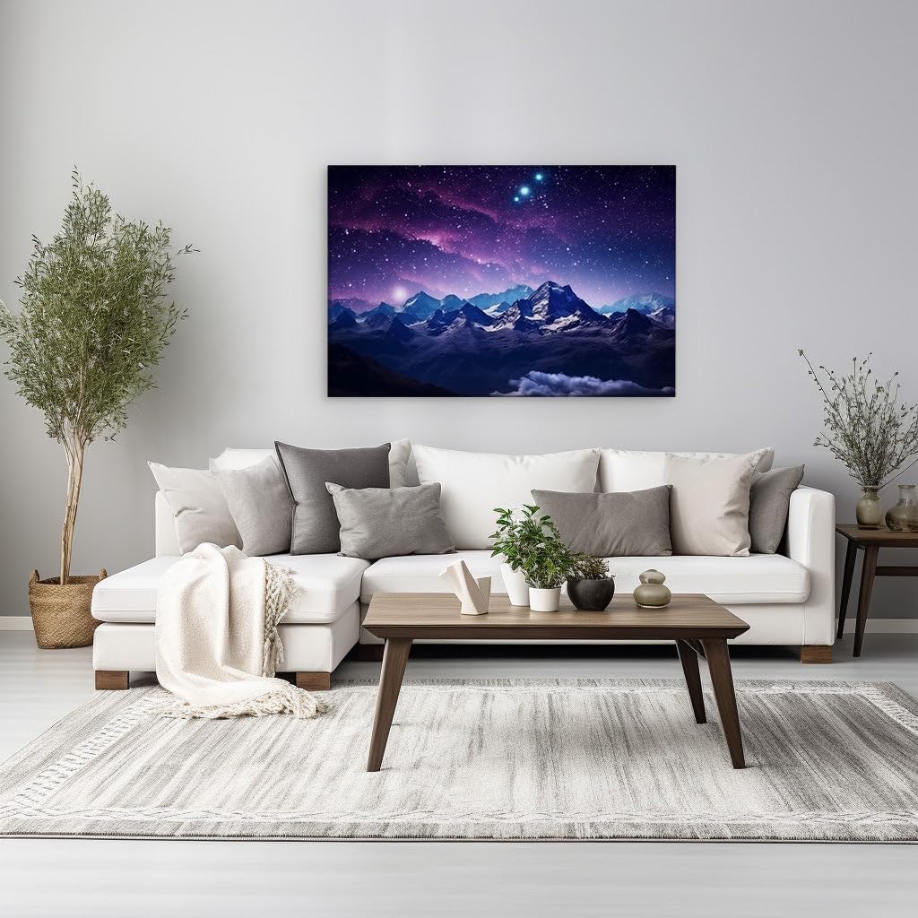 Canvas for Living room. Starry Serenity Above Snowy Summits The Sublime Dance of Dusk and Dawn in the Wilderness Enigmatic Beauty of Night Blanketing Mountain, 27 x 18 inch Canvas Wall Art