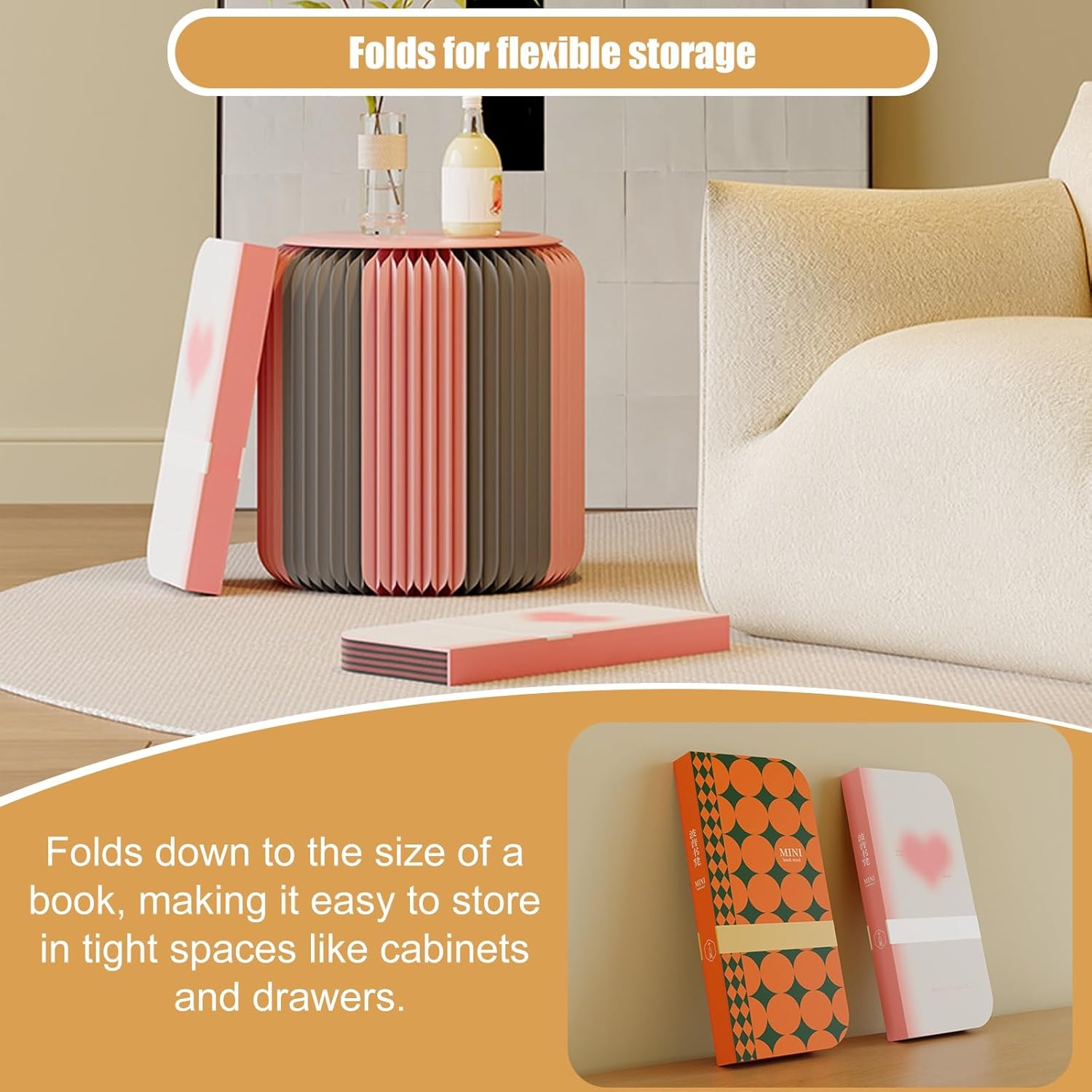 Kraft Paper Folding Stool 14" Home Furniture 660lb Load Capacity Foldable Paper Stool Eco-Friendly Kraft Paper Honeycomb Design, Ideas for School Living Dining Room(Pink+Gray)