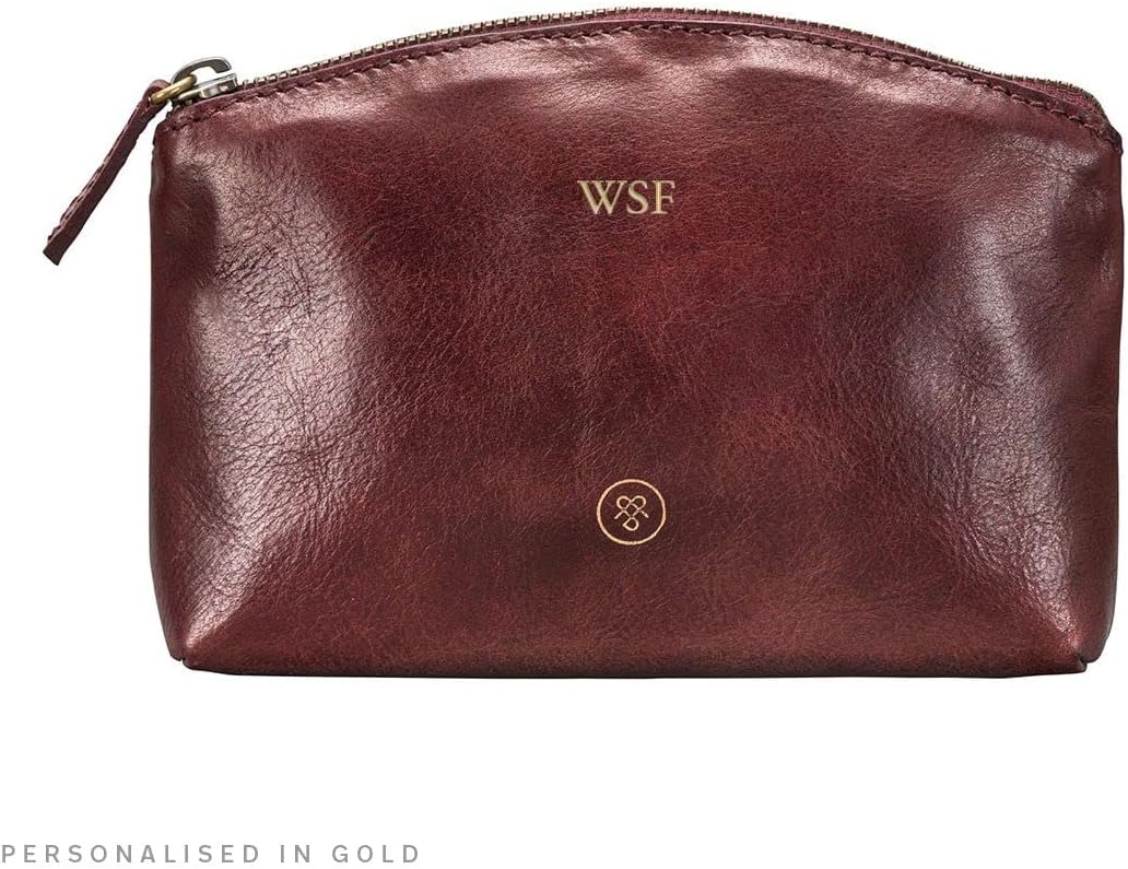 Maxwell Scott - Womens Luxury Leather Small Cosmetic Makeup Bag - Handmade from Italian Full Grain Hides - The Chia Burgundy Red