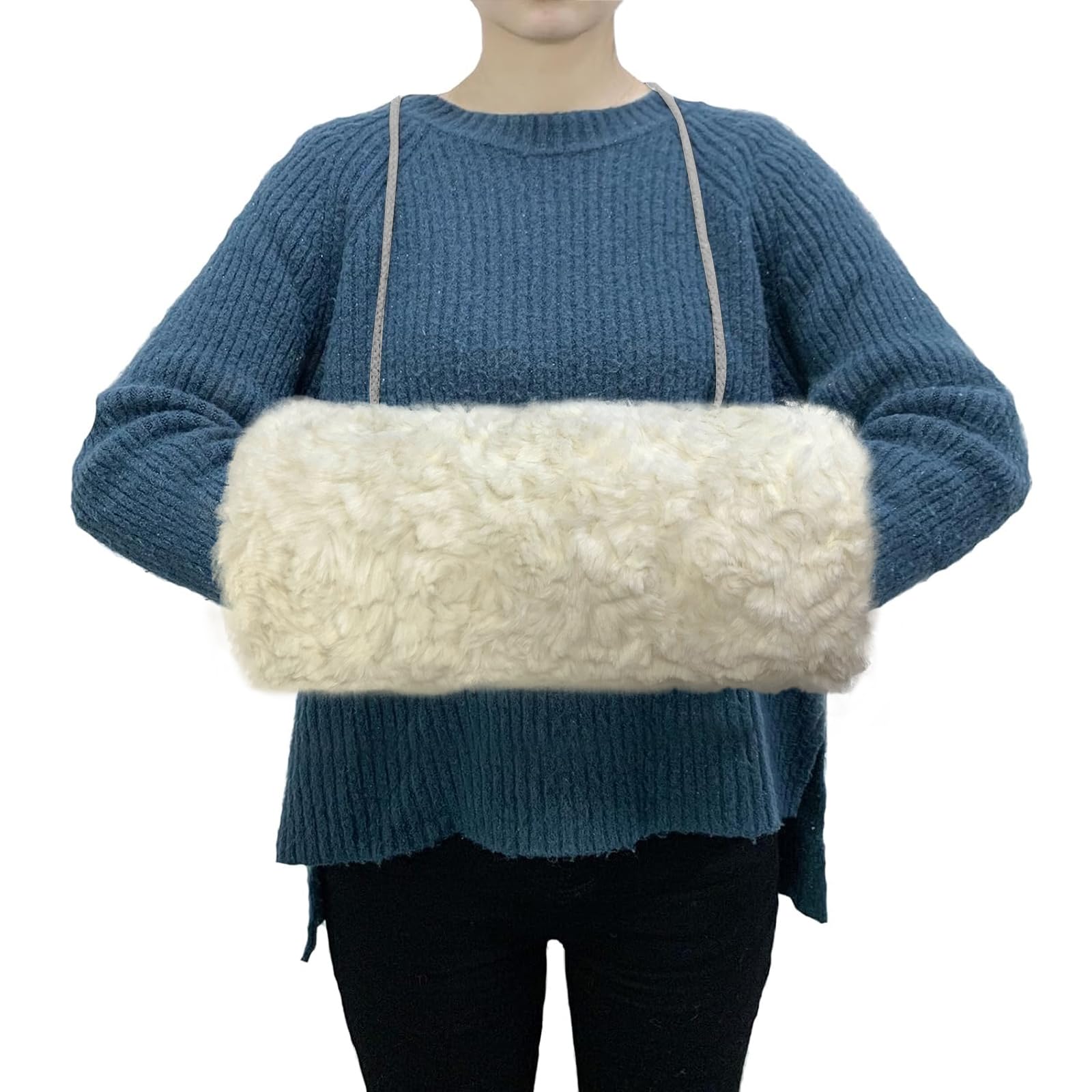Muff Scaldamani In Finta Pelliccia Con Cordino E Tasca | 38x20 Cm, Fodera In Lana D'Agnello | Scalda Mani Invernale Per Donna