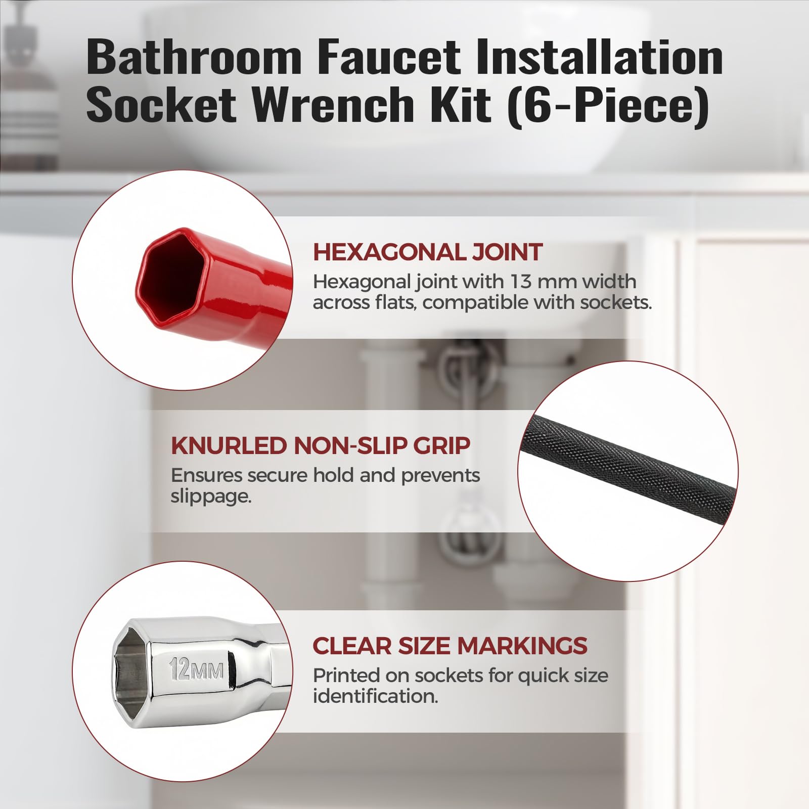 lompyeu Jeu De Clé De Robinet De Lavabo Et Évier – 1 Clé De Robinet De 13 Mm Et 5 Adaptateurs (8-12 Mm), Outil De Plomberie Multifonction - 3