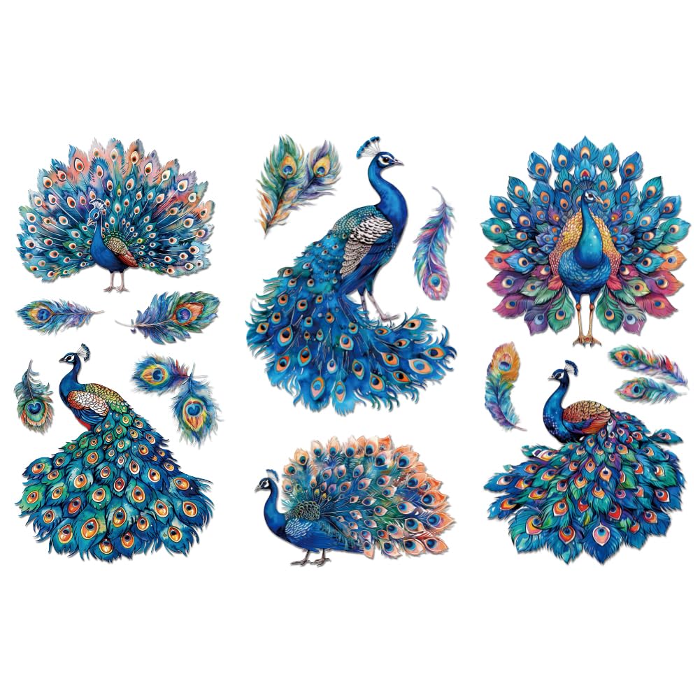 Peacoblue Rub on Transfer Decals for Furniture Crafts 15x30cm, 3Pcs Peacock Waterproof UV DTF Transfer Decals Sticker for Dresser Lingerie Chests Drawer Glass Porcelain Wood