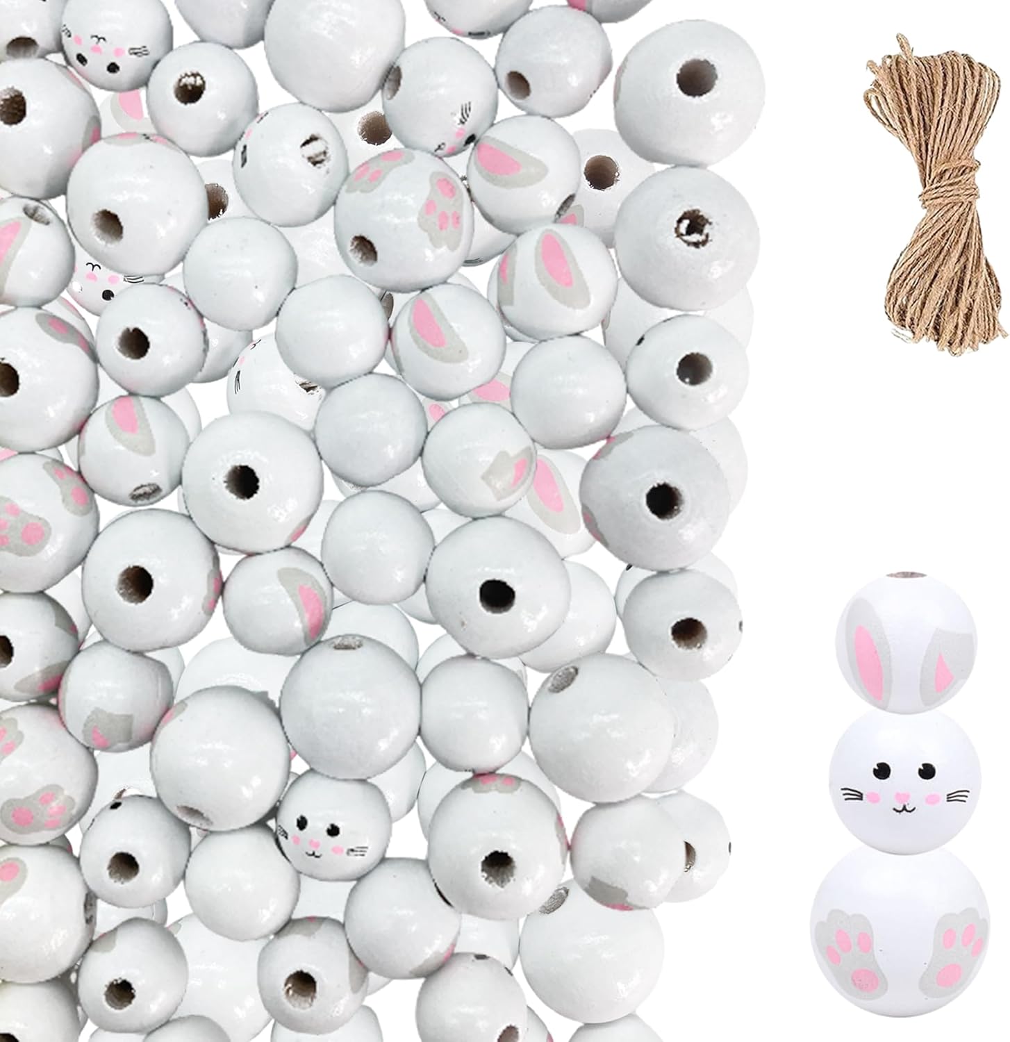QIUMING 60pcs Easter Wooden Beads Easter Bunny Pendants Round Balls Wooden Beads Easter Decorations Bunny For Easter Party Decoration (White)