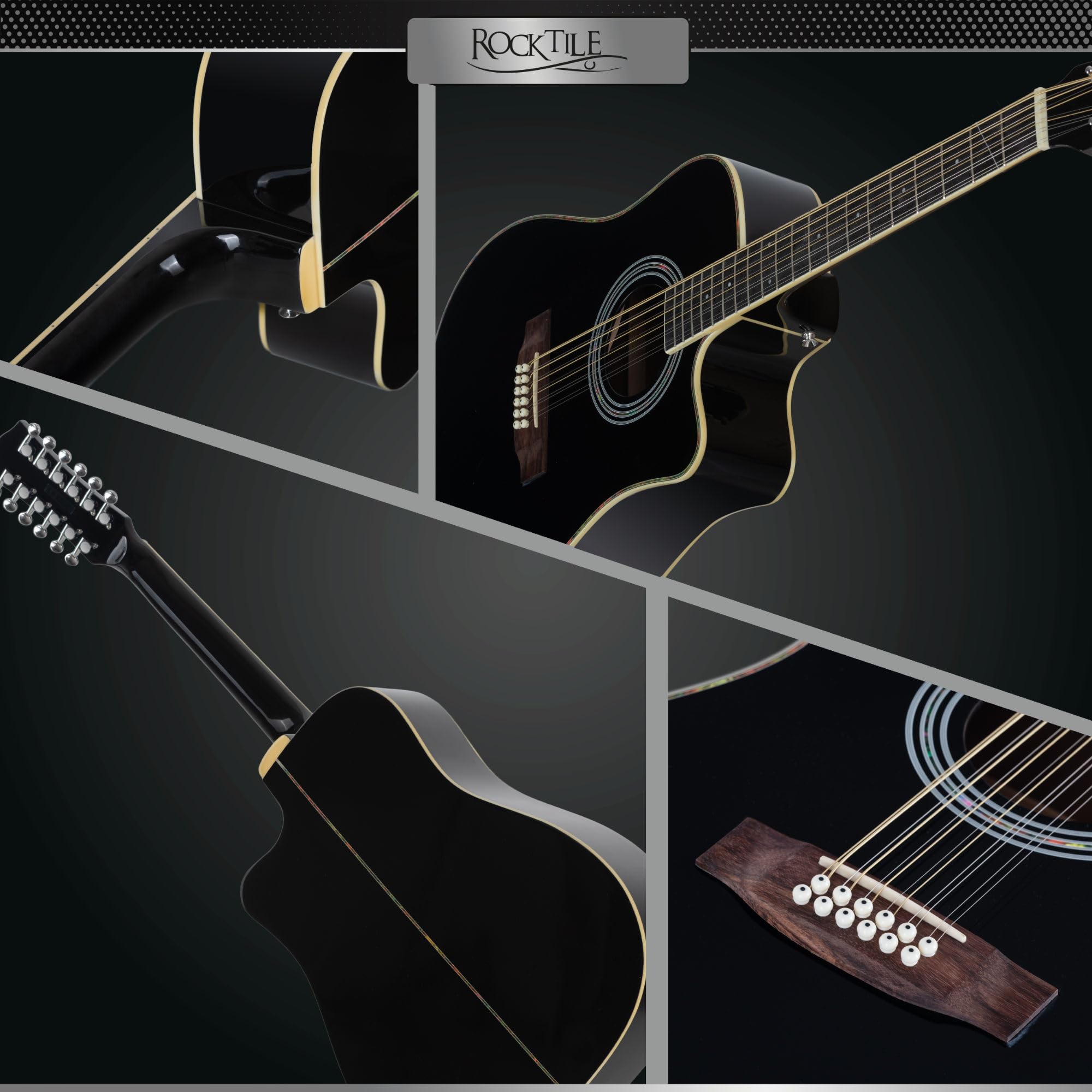 Rocktile WSD12-50C-BK Chitarra Western Nera, Allgemein, Peso: 2, 36 kg | Modell: WSD12-50C-BK, 36 kg, Numero di corde: 12, Orientamento: Destrimano, Korpus, Forma corpo: Dreadnought con Cutaway