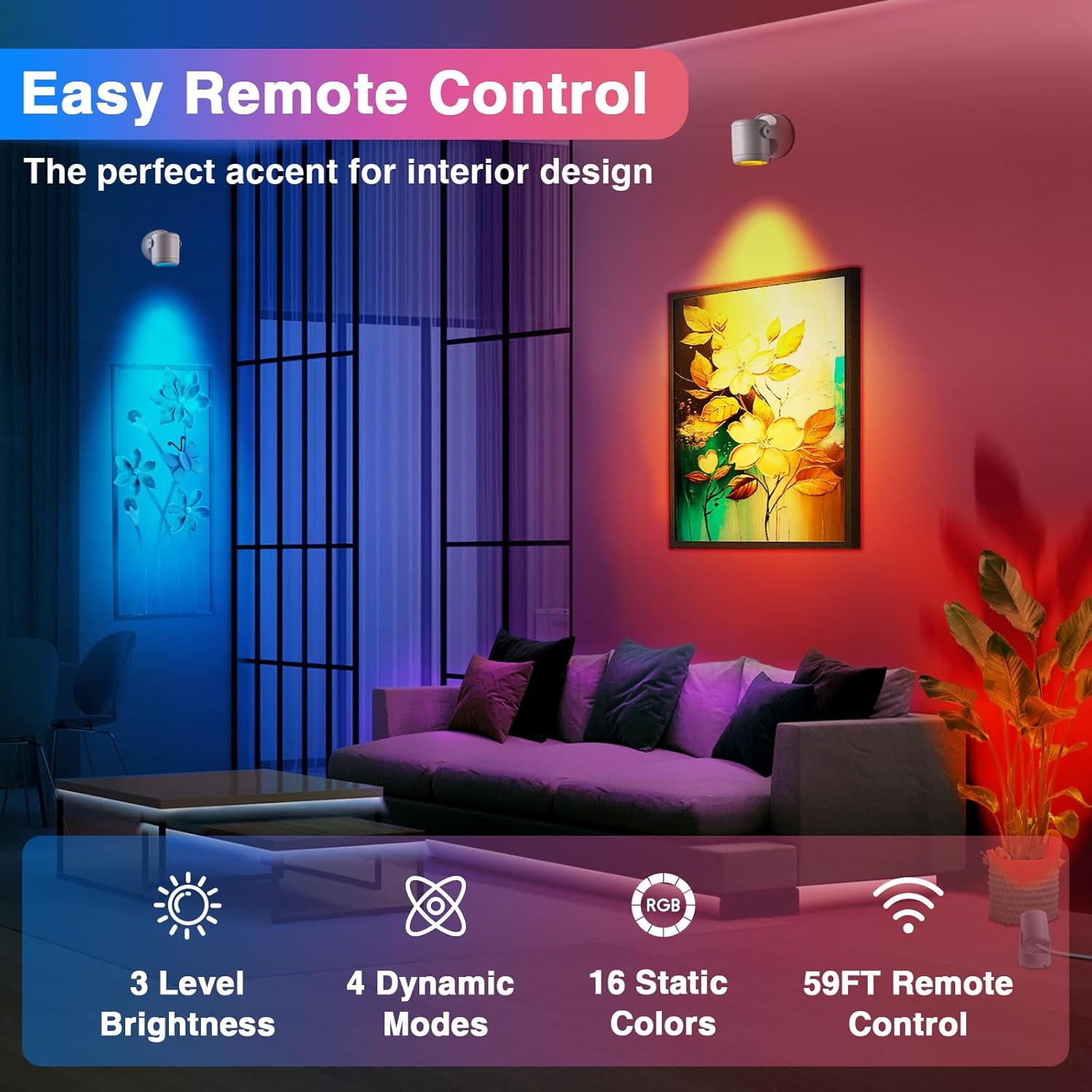 4 Pack 6W RGBW Uplighting Indoor Color Changing Up Lights Indoor with Remote Dimmable LED Christmas Spot Lights for Home Aluminum Accent Lighting for Party Plant Decor with 5.9 FT Plug Cord 4 Pack White