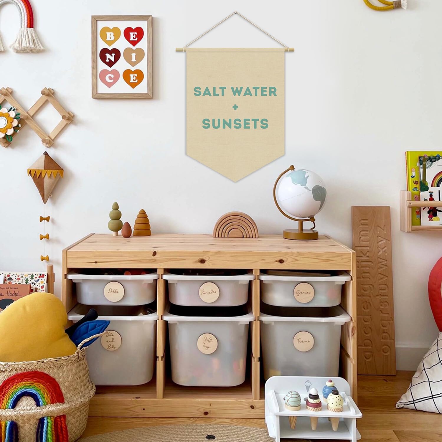 XYDEG Ocean Nursery Decor, Salt Water Sunsets Beach Linen Canvas Banner, Neutral Coastal Nautical Nursery Wall Hanging Pennant Flag Banner for Kids Toddler Room Bedroom Playroom Decor, 15x11in