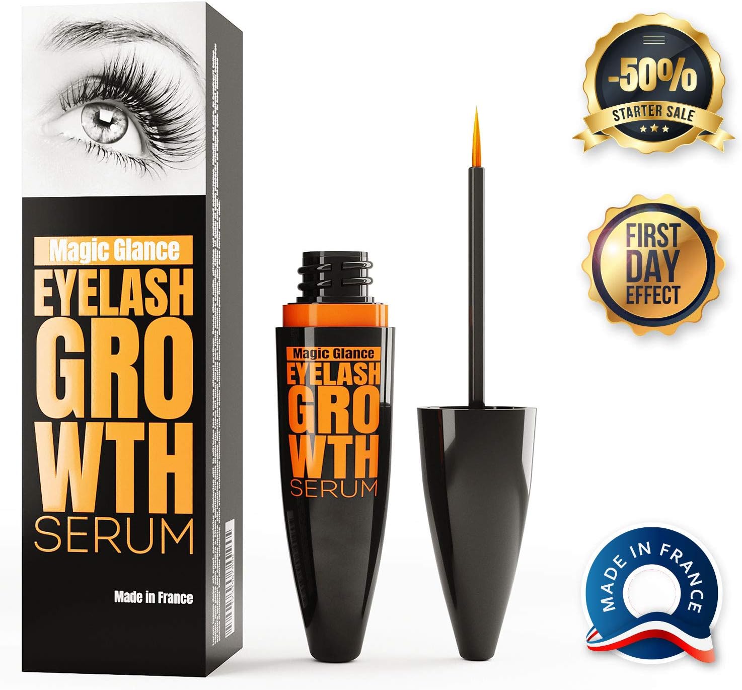 Natural Eyebrow and Eyelash Growth Serum - MADE IN FRANCE - Extra Big Tube 0.3Oz - Fast Results in 10 Days - High Potency Formula for Rapid Growth, Treatment & Care (0.3OZ)
