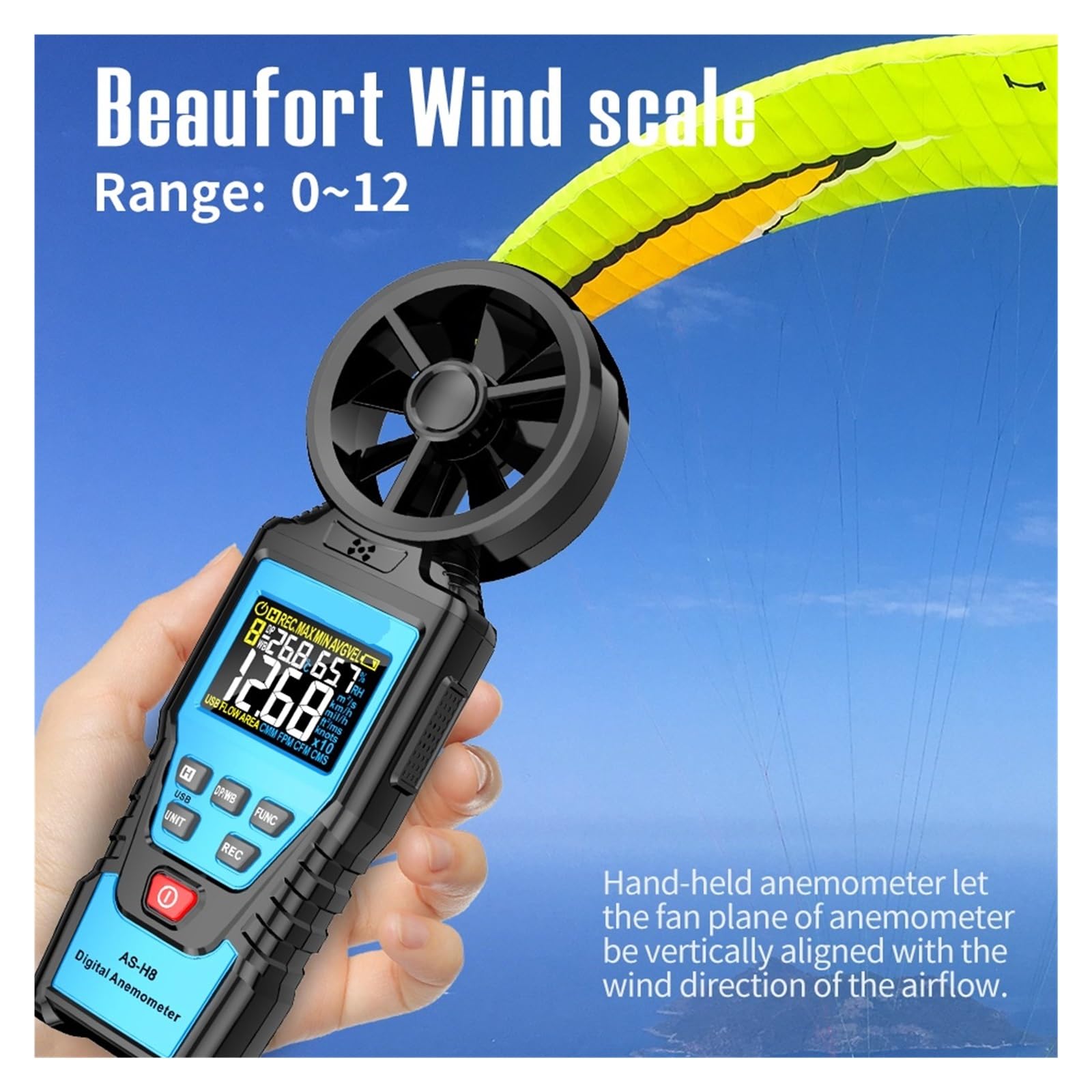 Anemómetro Digital medidor de velocidad del viento mano, energía eólica, medición temperatura y humedad, probador volumen aire(H6)