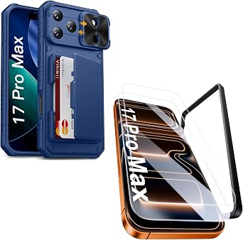 Vihibii for iPhone 17 Pro Max Case with Card Holder & Screen Protector [2 Pack] & Slide Camera Cover, Bulit-in 9H Hardness Tempered Glass Film with Easy Installation Tool for iPhone 17 Pro Max, Blue