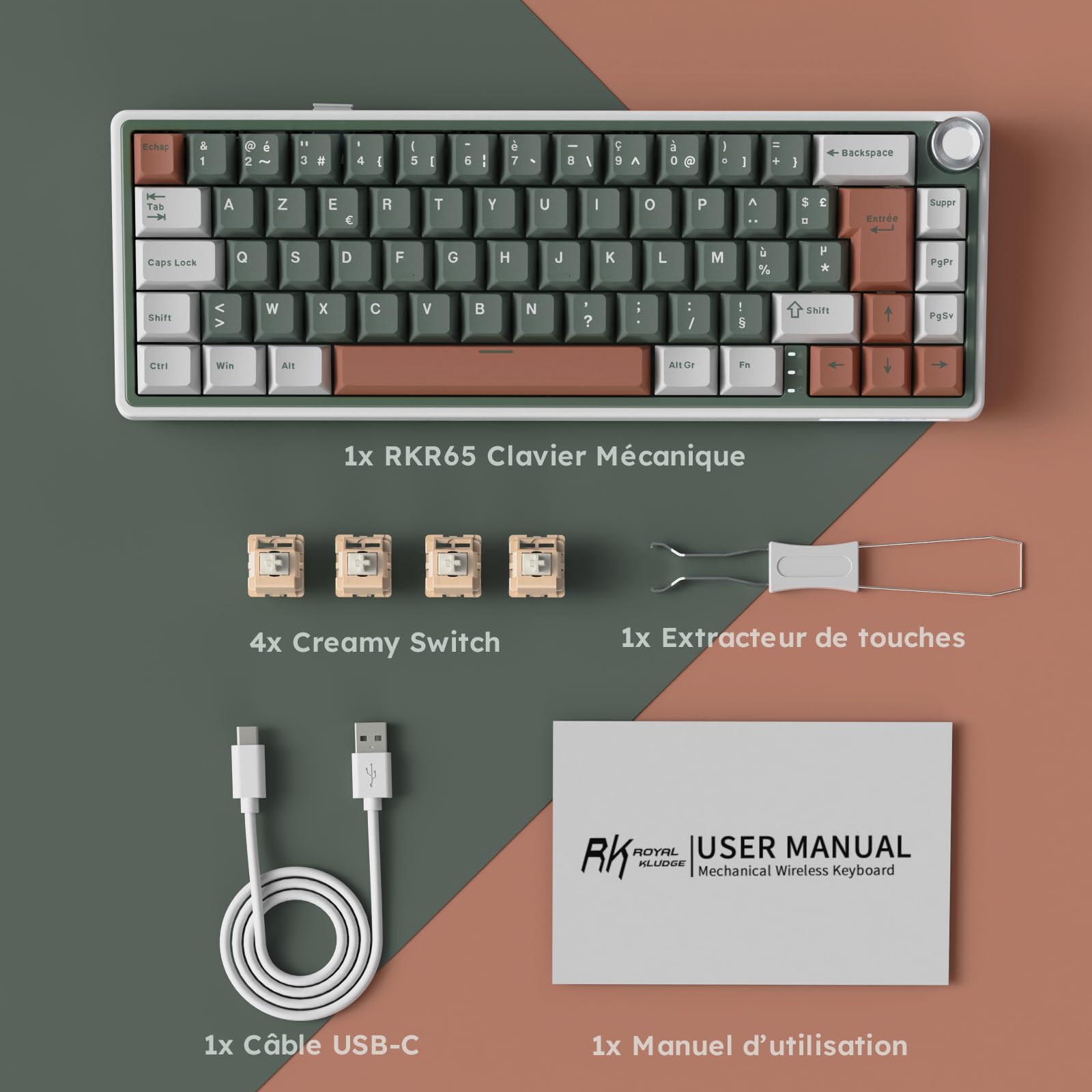 RK ROYAL KLUDGE R65 Clavier Mécanique 60% sans Fil | AZERTY FR, QMK/Via, Hot-Swap, Gasket Mounted, Gamer Tri-Mode Bluetooth/2.4G/USB-C, RGB, PBT Keycaps, Creamy Switch