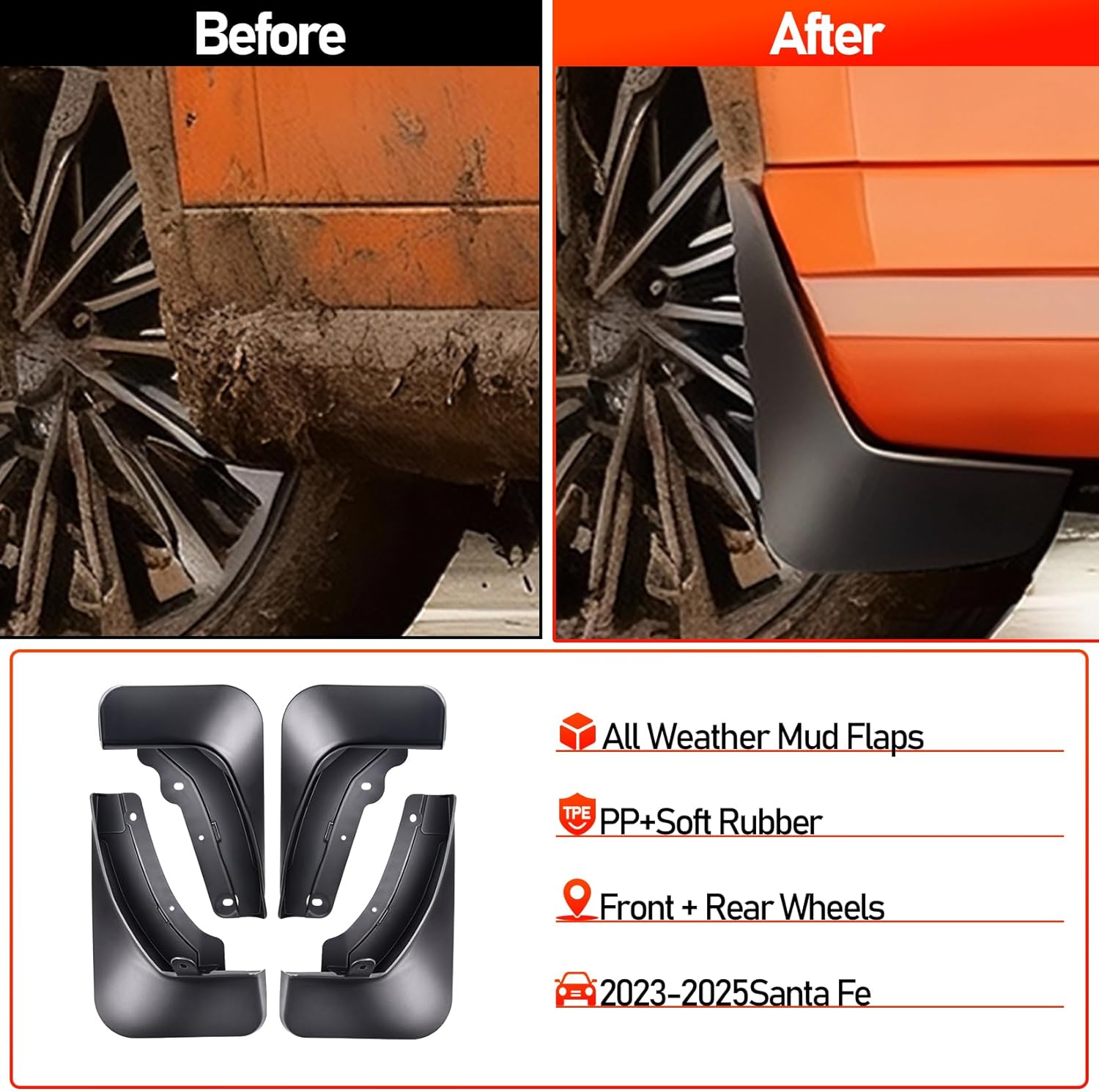 Mud Flaps for Hyundai Santa Fe 2024 2025,All Weather 4PCS Heavy Duty Splash Guards Compatible with Santa Fe Exterior Accessories,OEM Front Rear Mud Fender Flares No Drilling Tire Protector