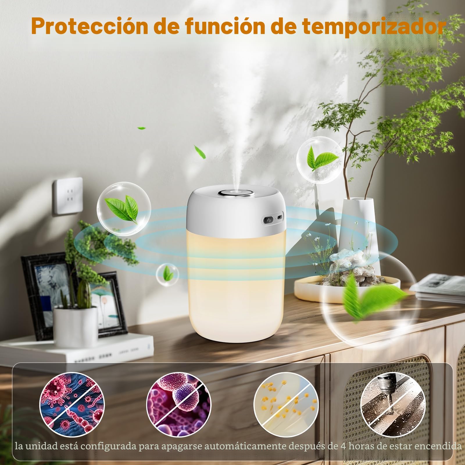 KISSLEAF mini humidificador de ambiente 650 ml para dormitorio, cuarto de niños, plantas, 15H larga duración 28 dB silencioso humidificador bebé(luz cálida)