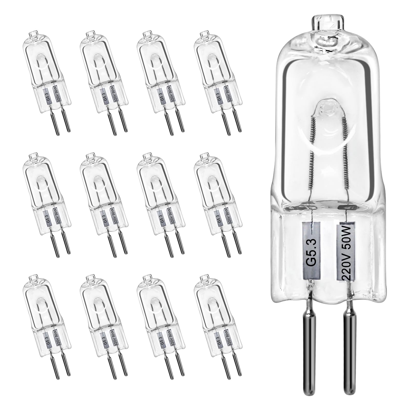 LedWekei G5.3 Halogen Bulbs,220v 50w Bulb 2 Pin Clear Capsule Lamp Bulb，Dimmable 2700K Warm White Light Bulbs (12 Pack)