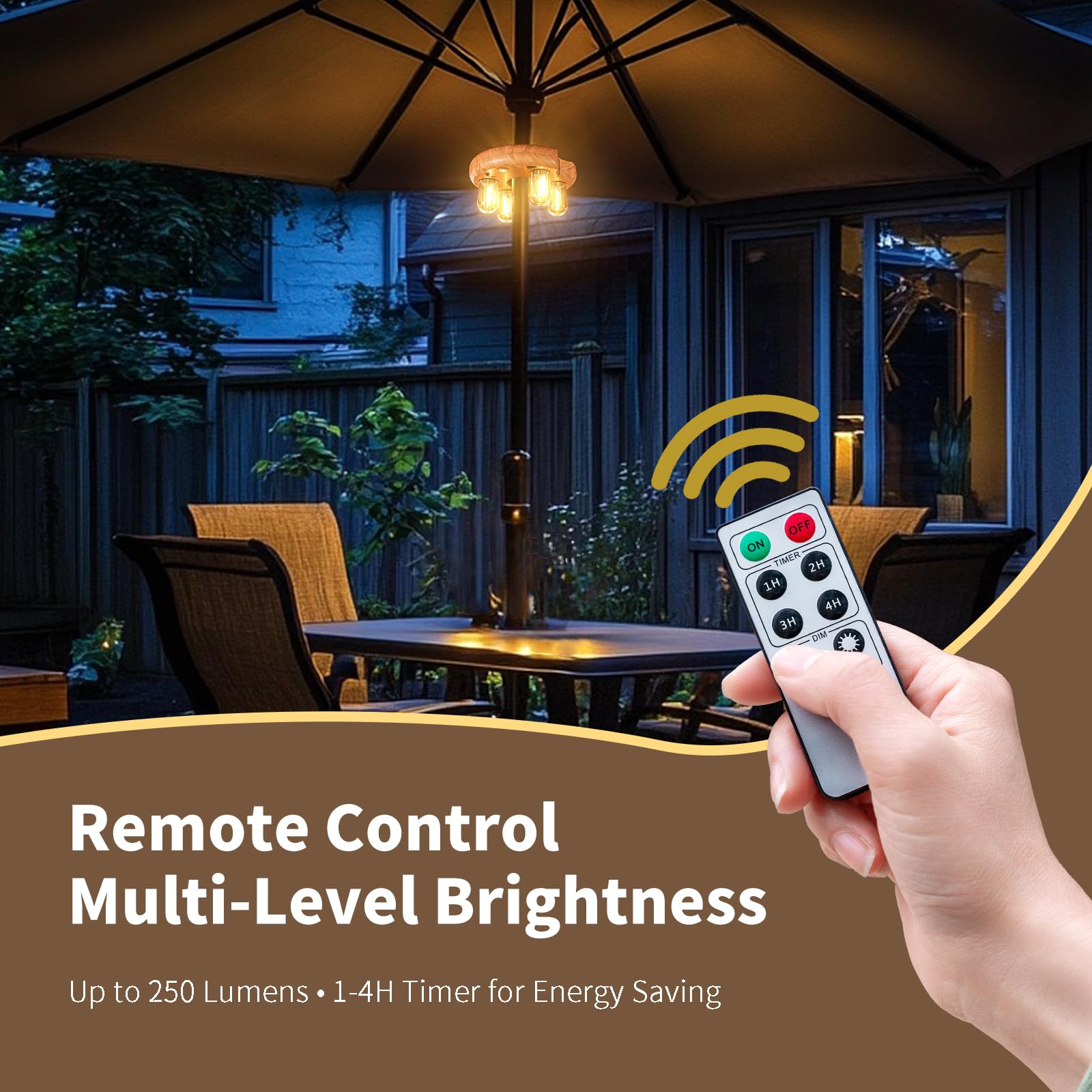 Luce per palo di ombrellone da giardino con effetto legno con telecomando, lampadine LED Edison ricaricabili senza fili con 10 livelli di luminosità per giardino, patio, cortile, campeggio o