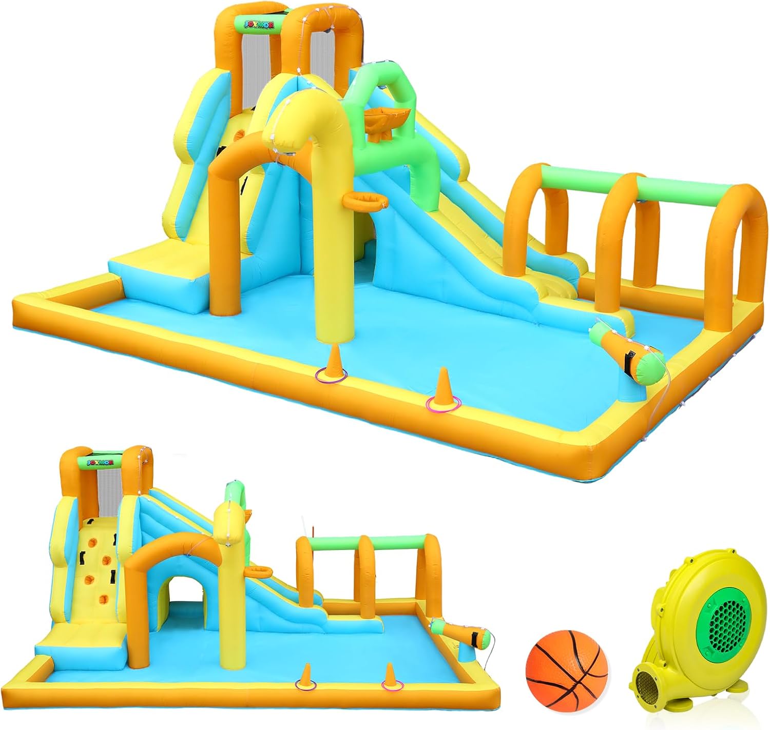 JOYMOR 10-in-1 Inflatable Water Slide Bounce House w/Water Bucket, Tunnel, Water Cannon, Basketball Hoop, 1min Blow Up Water Slide (Include Air Blower), Backyard Water Slide Park for Ages 3-10Y
