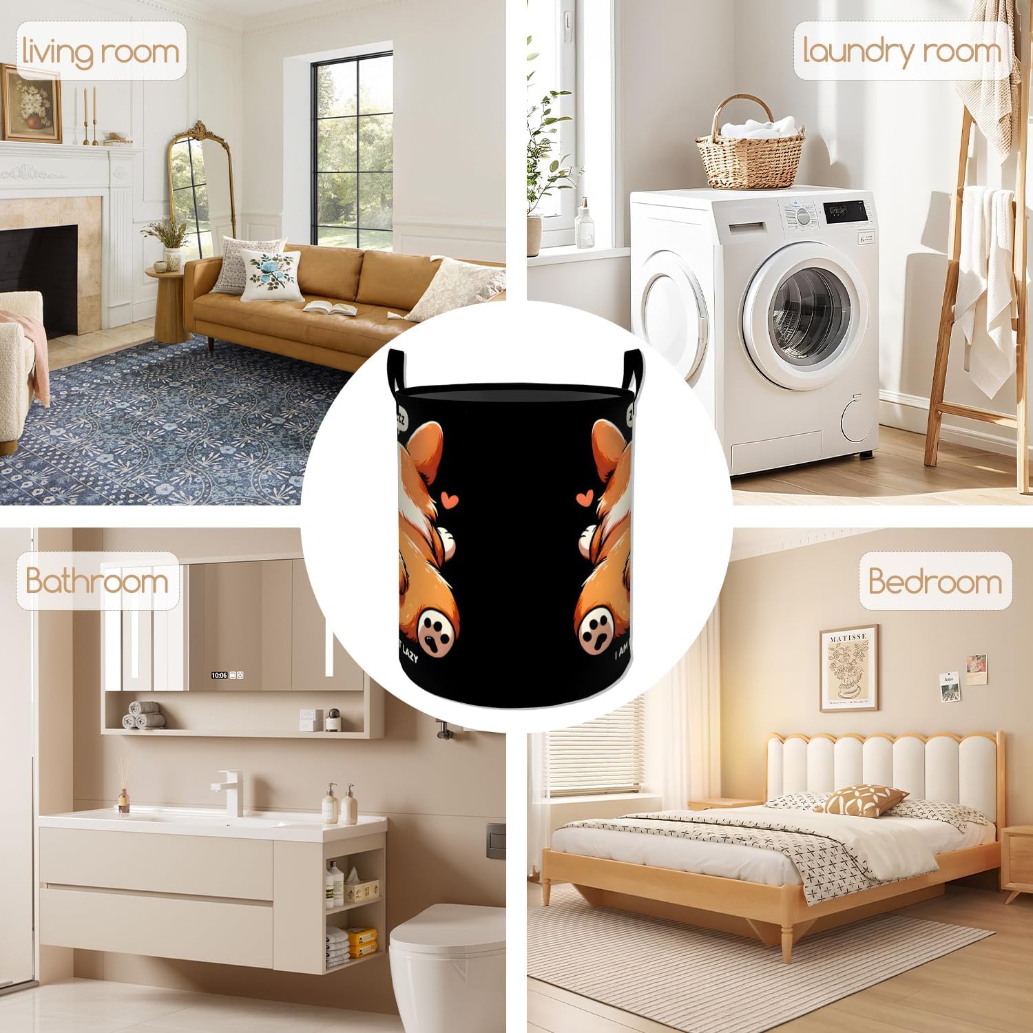 Cute Corgi Laundry Basket, Cartoon Dog Design Foldable Oxford Cloth, Waterproof Dirty Clothes Hamper with Handles, Clothing Storage Bucket Toy Organizer for Bathroom Bedroom Dorm, 19.7"x15.7"