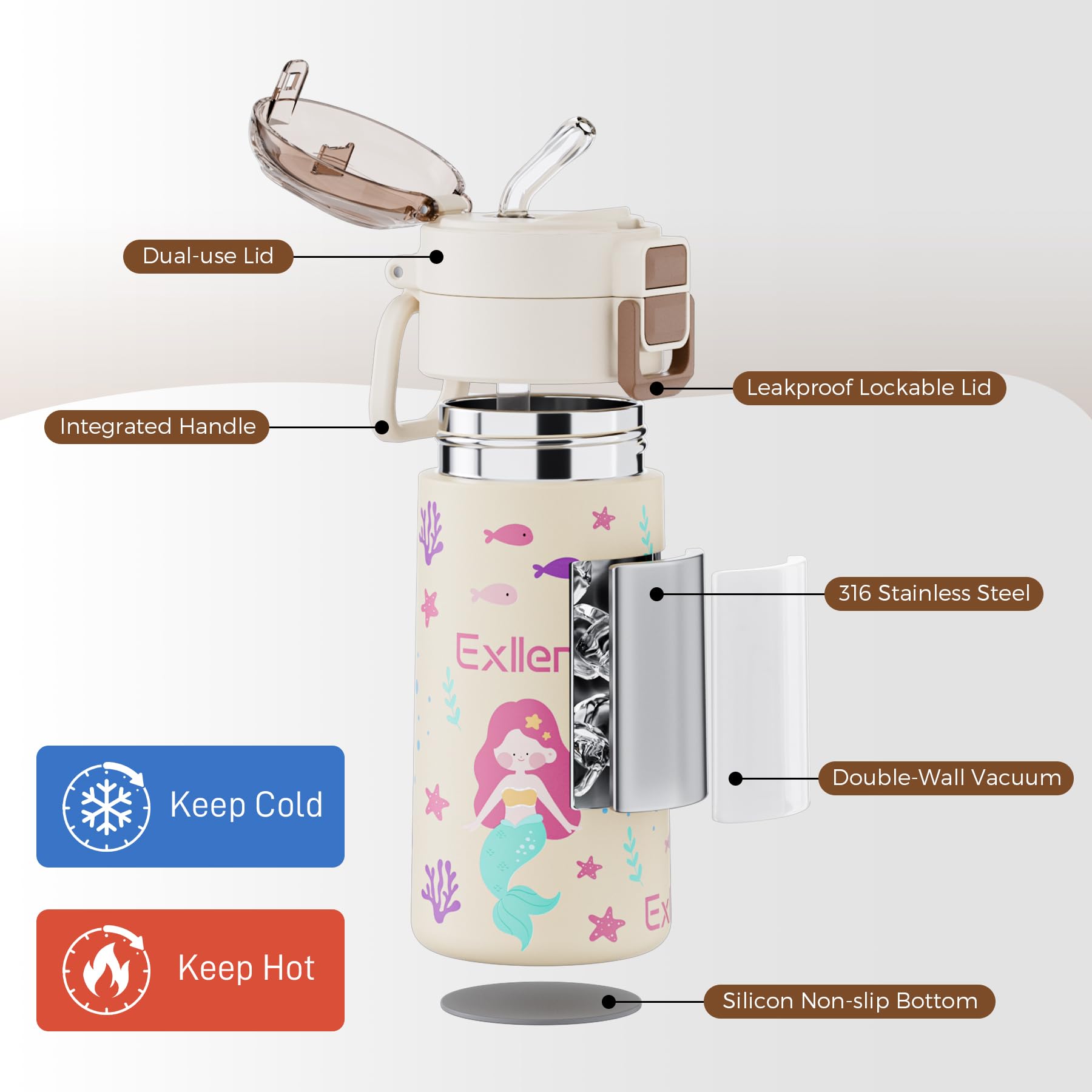 Exllena 400ml Stainless Steel Water Bottle Kids with Pop-Open Soft Straw & Spout 2-in-1 Lid - Image 4