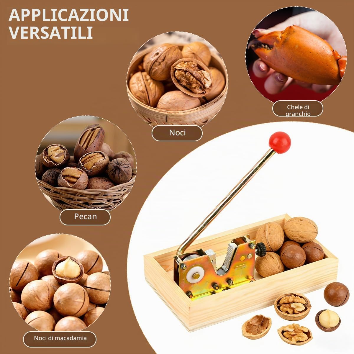OctBird Schiaccia Noci e Mandorle Nut Sheller Tool, Schiaccia Olive in Legno, Schiaccianoci Antiscivolo Acciaio Inox Multifunzione Nut Sheller Tool, con 3 Aghi per Noci e 3 Spazzole