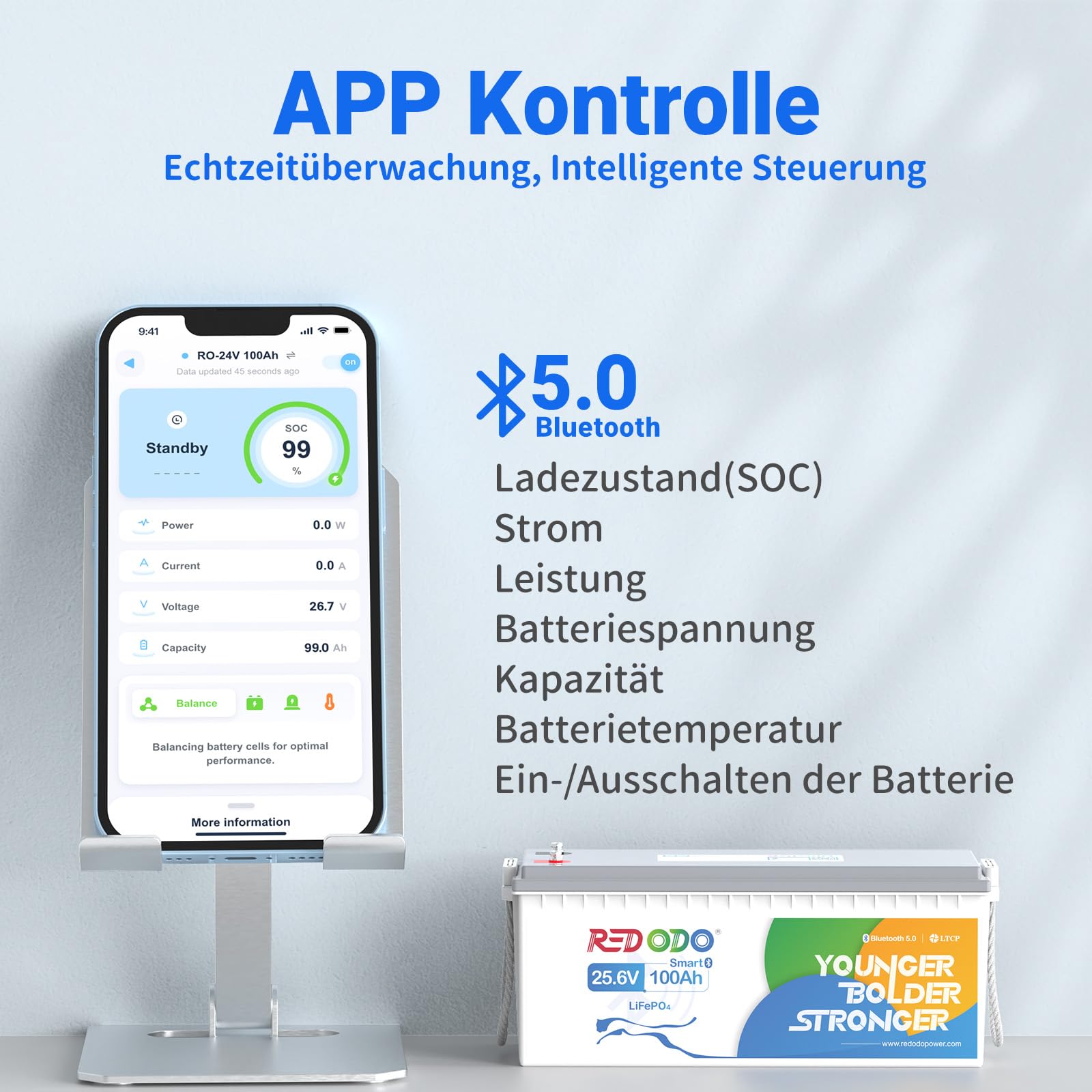Redodo Akumulator litowy LiFePO4 24 V 100 Ah Bluetooth i zestaw ładowarek 29,2 V 20 A, 2560 Wh, do 15000 cykli, idealny do silników trollingowych, samochodów kempingowych, łodzi i domowych systemów