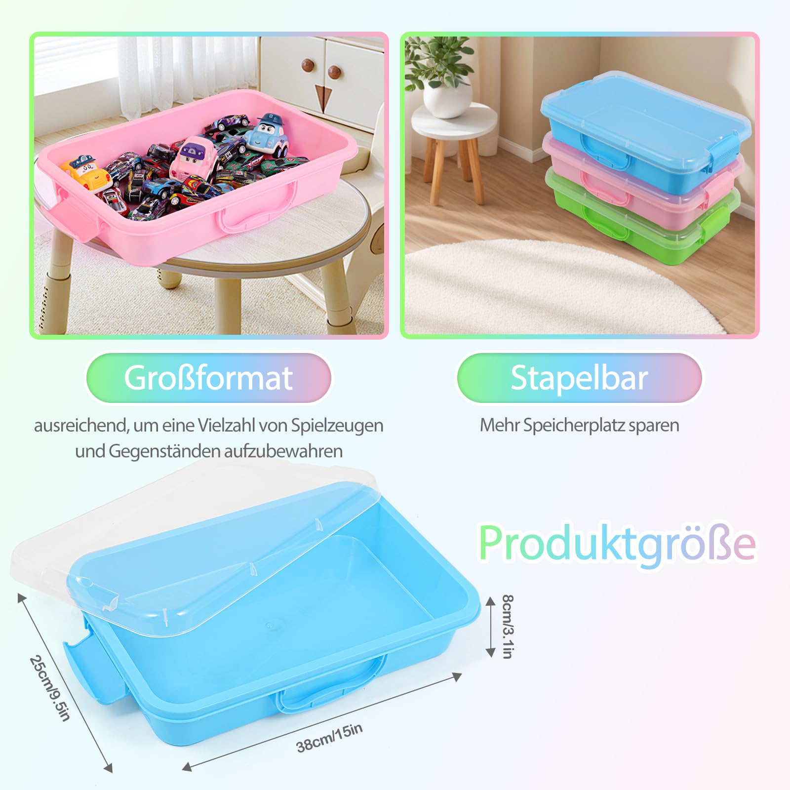 FIIOEOY 3 Stück Sandkasten mit Deckel & Aufklebern für Kinder, Sensorik Wanne Box Sandtablett Sensory Bin Kunststoff-Tablett Aufbewahrungsbox für Spielzeug, Sand und mehr (Blau, Grün, Rosa)
