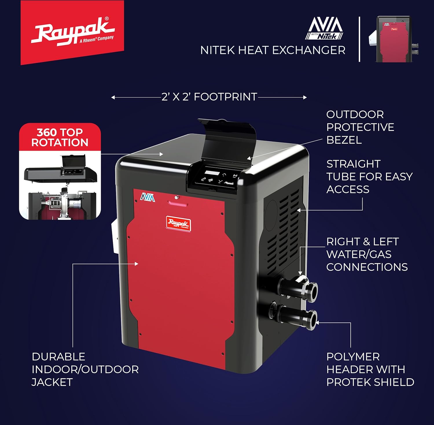 Raypak Avia 400K BTU Natural Gas Pool Heater for Inground Pools Gas Pool and Spa Heater with NiTek Heat Exchanger, Built-in WiFi, 120/240V (018045)