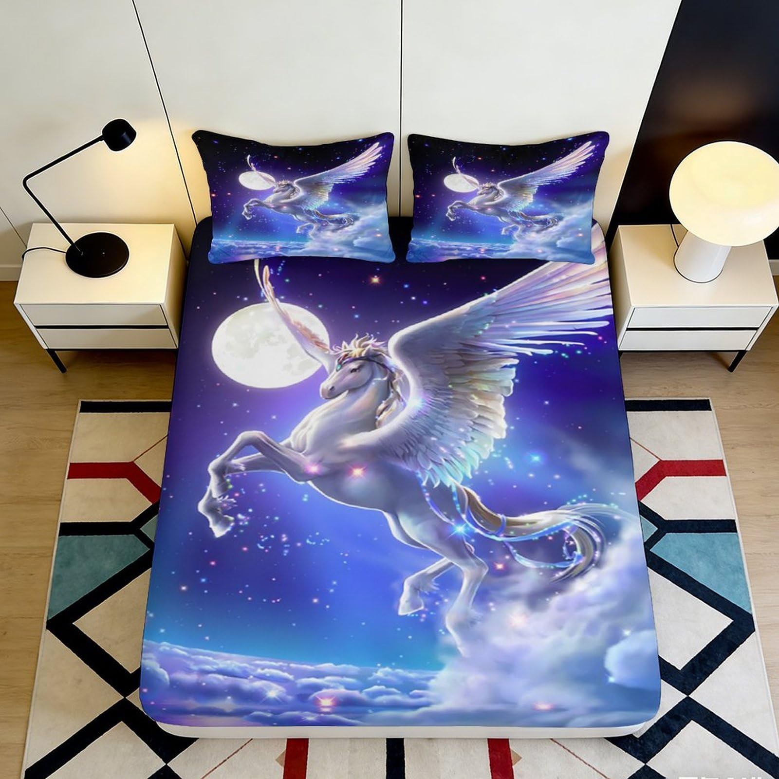 Jqzkxnhpbr Style-9 3D Printed Moonlight Pegasus Fitted Sheet Microfiber Soft Mattress Cover Night Sky Bed Decor For Bedroom 90X200x25cm